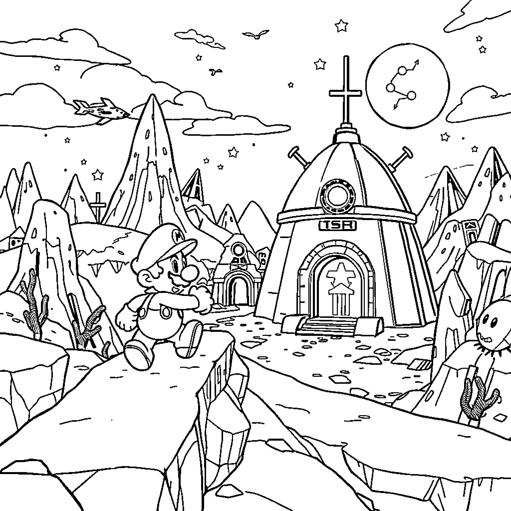 Super Mario Explores a Fantastical Landscape Coloring Page (free black-and-white line drawing printable PDF for all, from beginners to advanced learners, including children, teens, adults, and seniors)