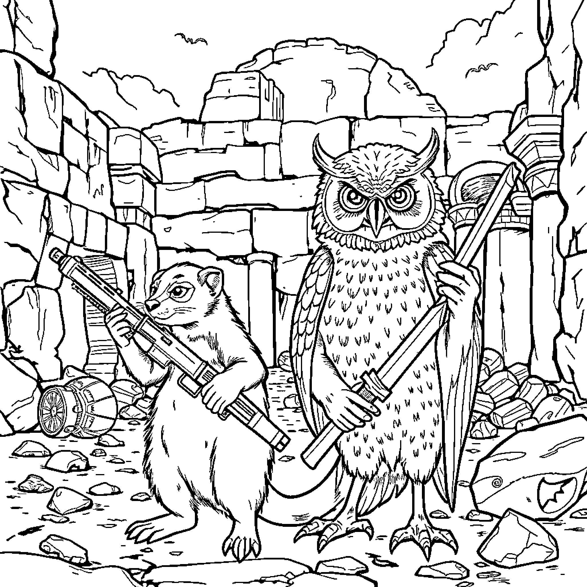 Ferret and Owl Adventurers in Rugged Terrain Coloring Page (free black-and-white line drawing printable PDF for all, from beginners to advanced learners, including children, teens, adults, and seniors)