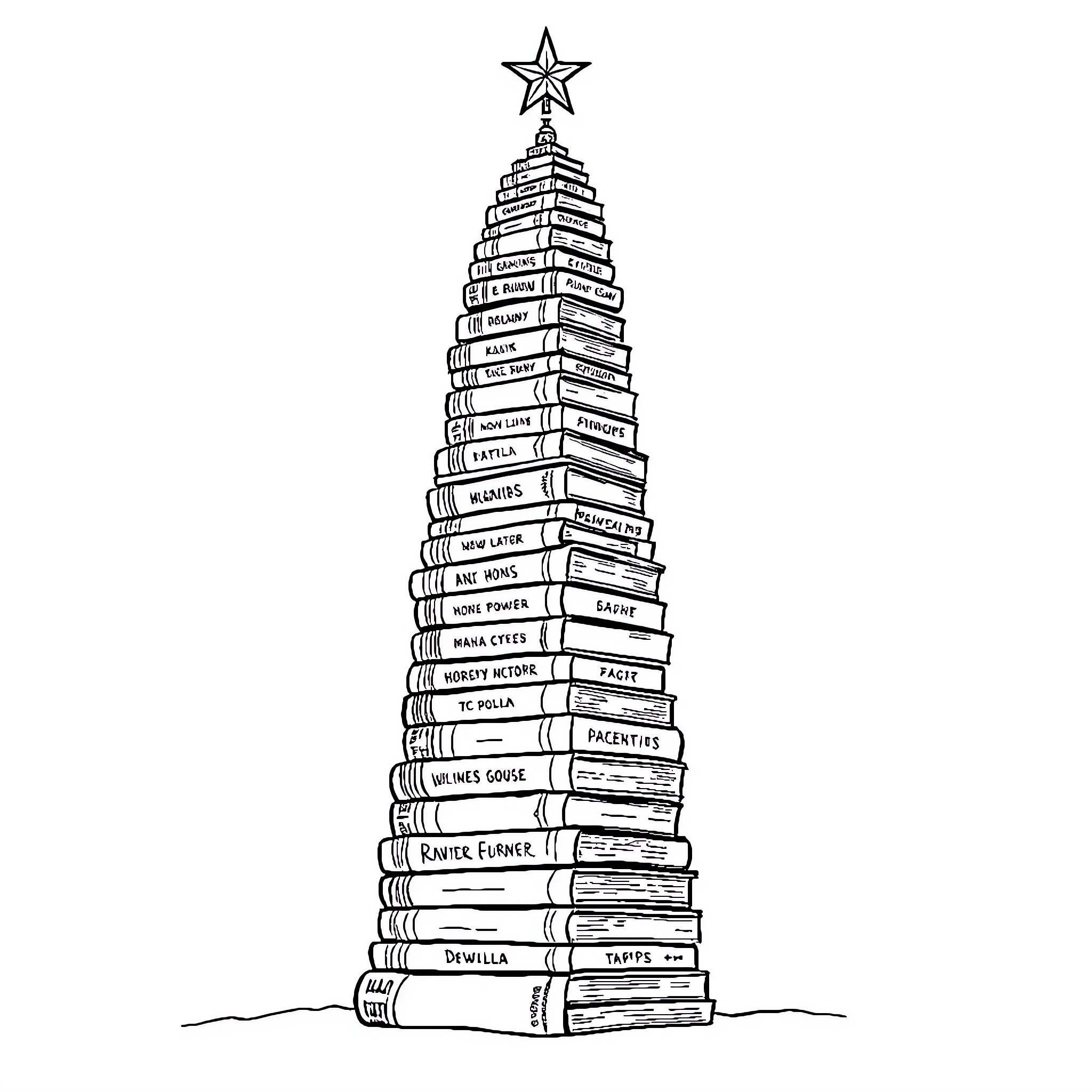 Christmas Tree Made of Stacked Books Coloring Page (free black-and-white line drawing printable PDF for all, from beginners to advanced learners, including children, teens, adults, and seniors)