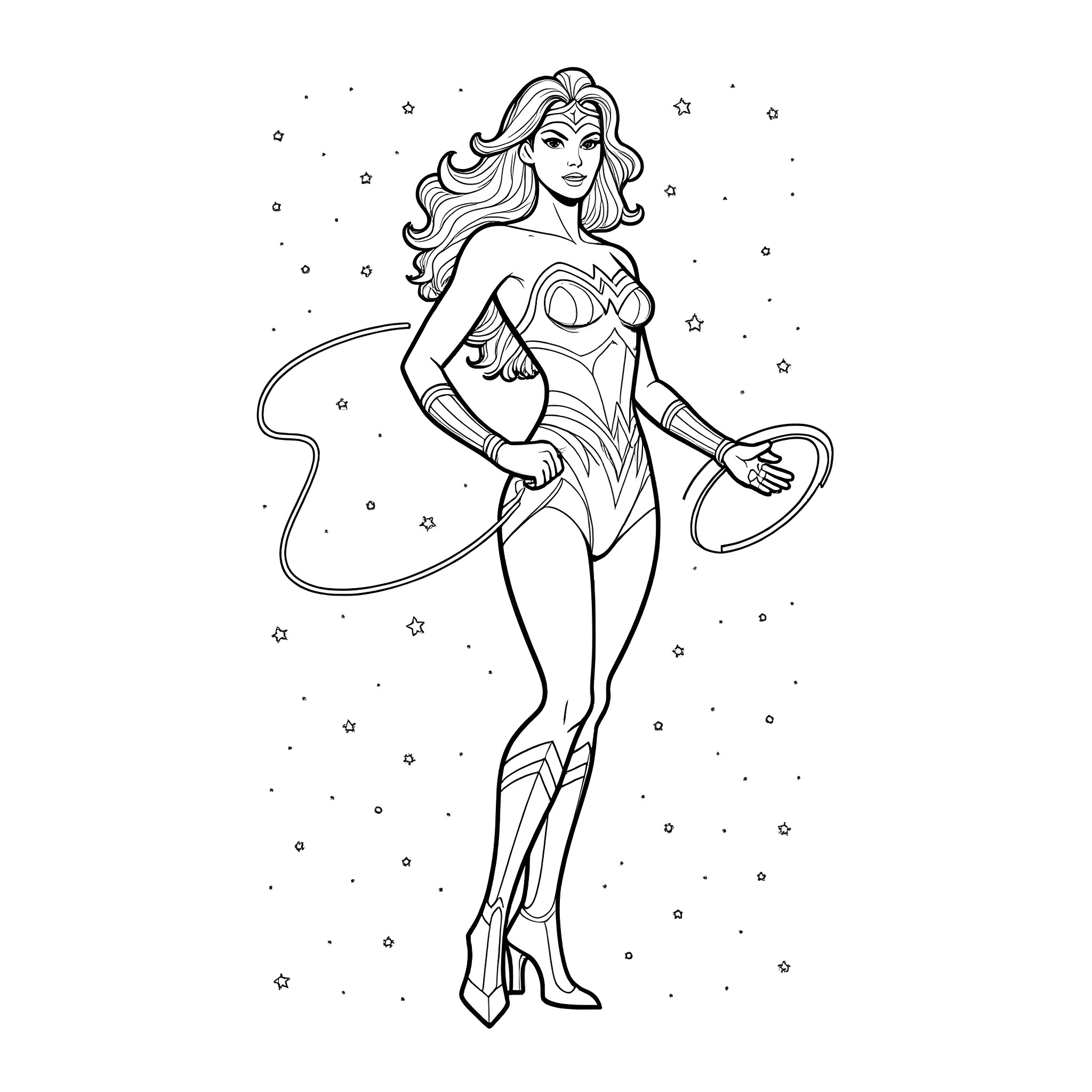 Wonder Woman heroic pose in the starry night Coloring Page (free black-and-white line drawing printable PDF for all, from beginners to advanced learners, including children, teens, adults, and seniors)