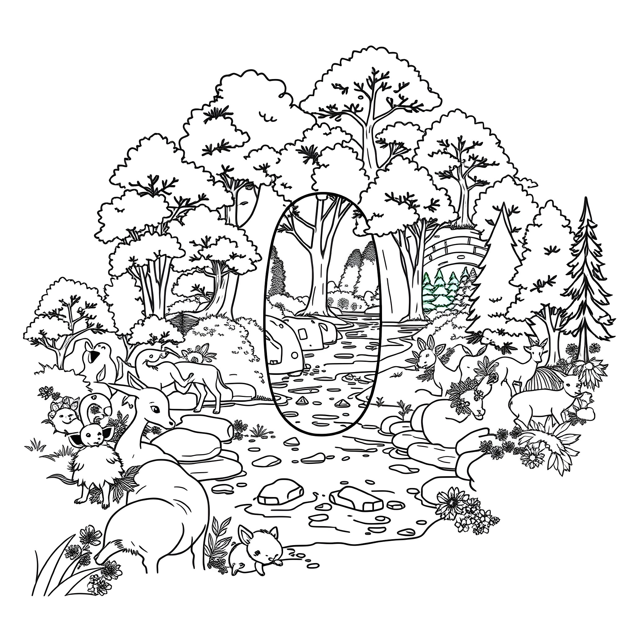 Number 0: Animals in Enchanted Forest Coloring Page (free black-and-white line drawing printable PDF for all, from beginners to advanced learners, including children, teens, adults, and seniors)