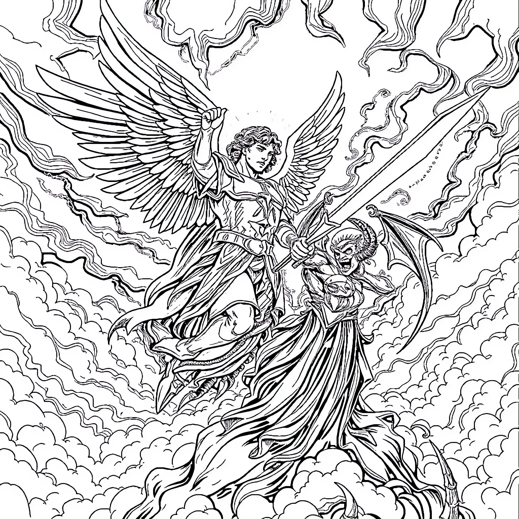 Archangel in Heavenly Battle with Demonic Forces Coloring Page (free black-and-white line drawing printable PDF for all, from beginners to advanced learners, including children, teens, adults, and seniors)
