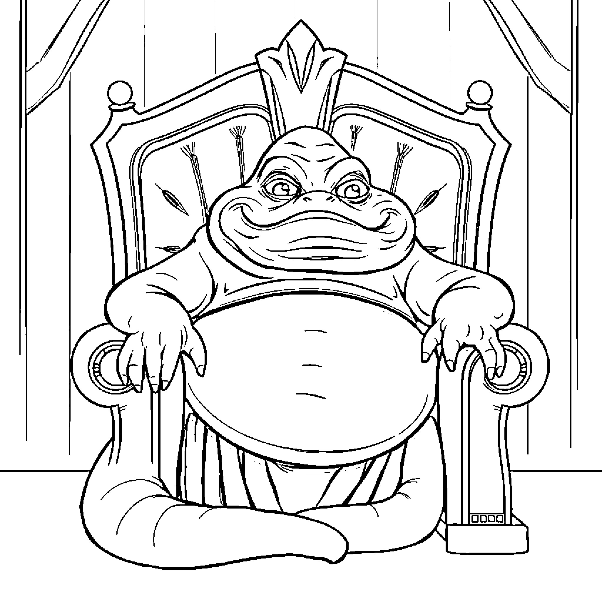 Jabba the Hutt lounging in his throne Coloring Page (free black-and-white line drawing printable PDF for all, from beginners to advanced learners, including children, teens, adults, and seniors)