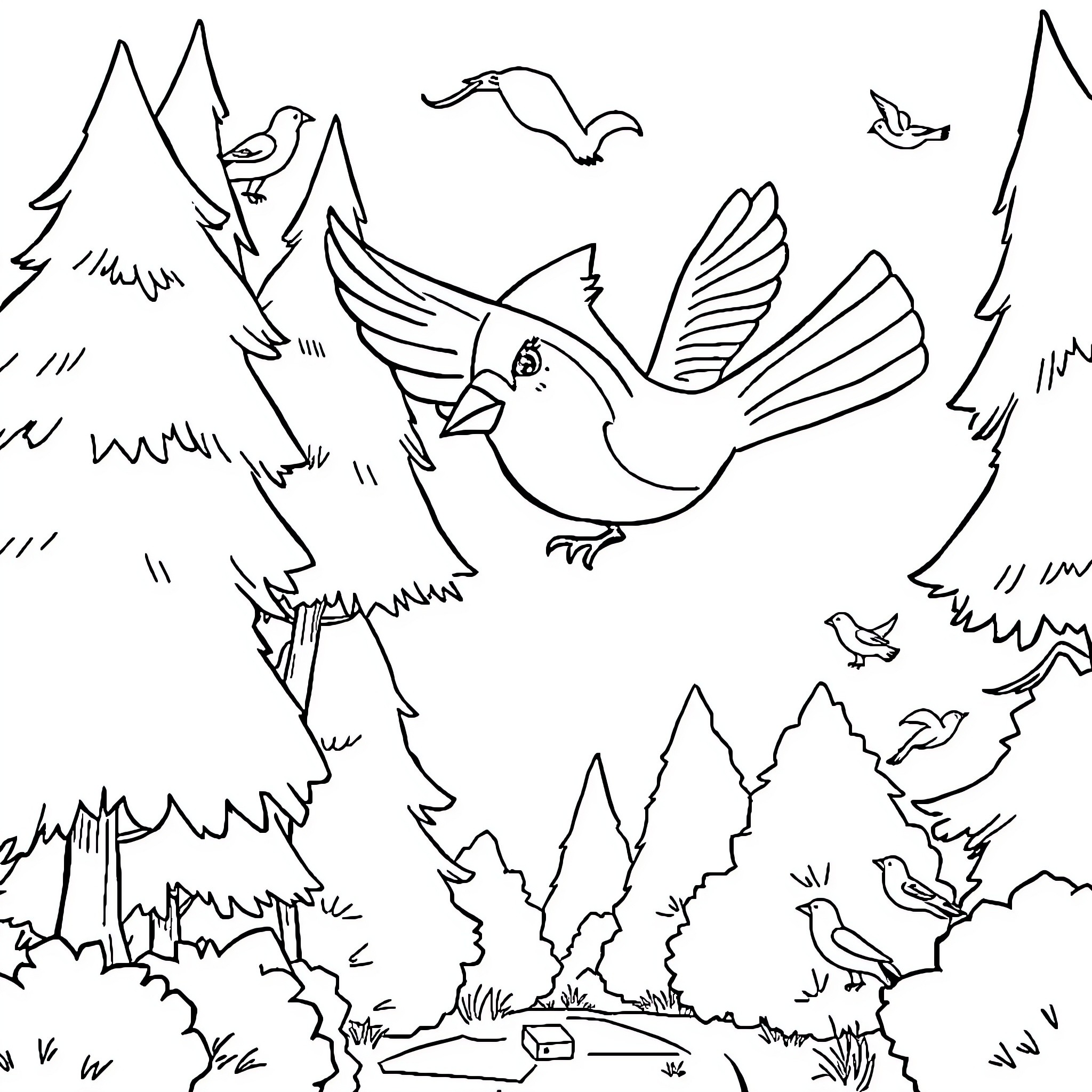 Cardinal bird in scenic forest landscape Coloring Page (free black-and-white line drawing printable PDF for all, from beginners to advanced learners, including children, teens, adults, and seniors)