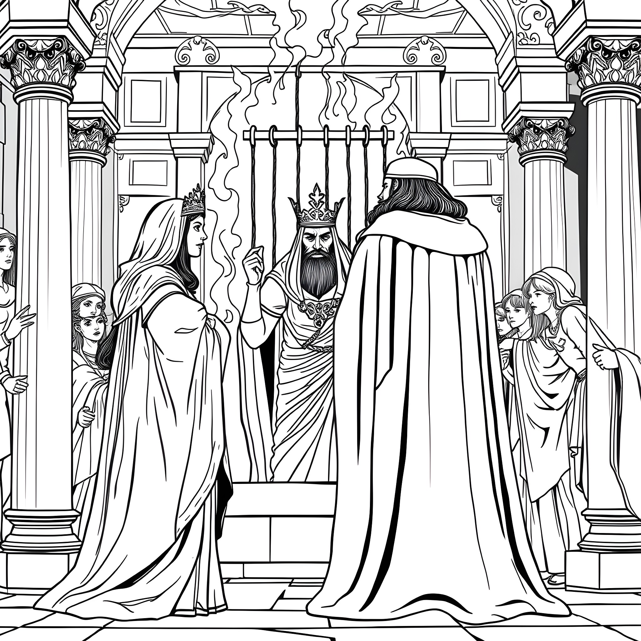 Queen Esther Pleading Before the King Coloring Page (free black-and-white line drawing printable PDF for all, from beginners to advanced learners, including children, teens, adults, and seniors)