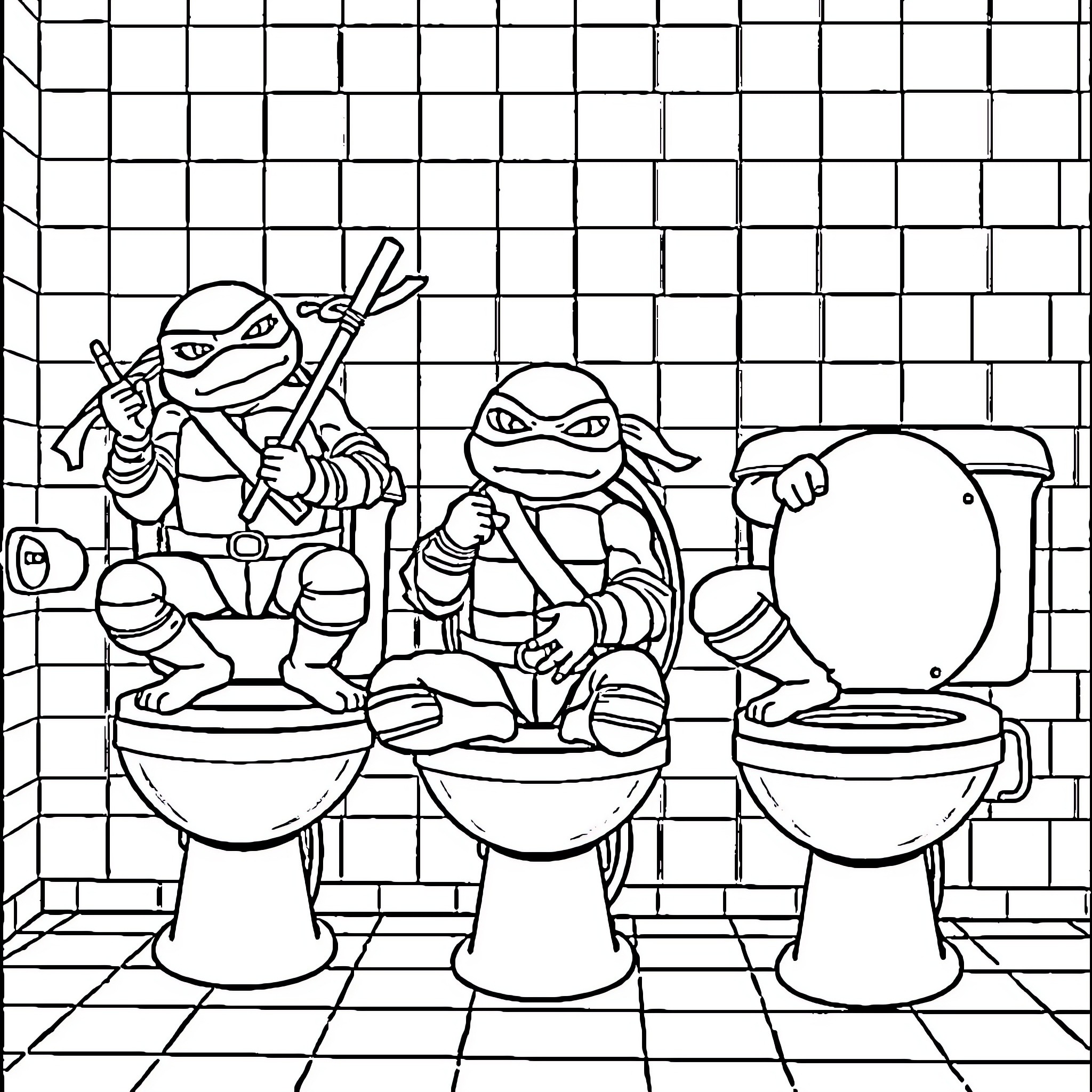 Ninja Turtles in Mischievous Bathroom Antics Coloring Page (free black-and-white line drawing printable PDF for all, from beginners to advanced learners, including children, teens, adults, and seniors)