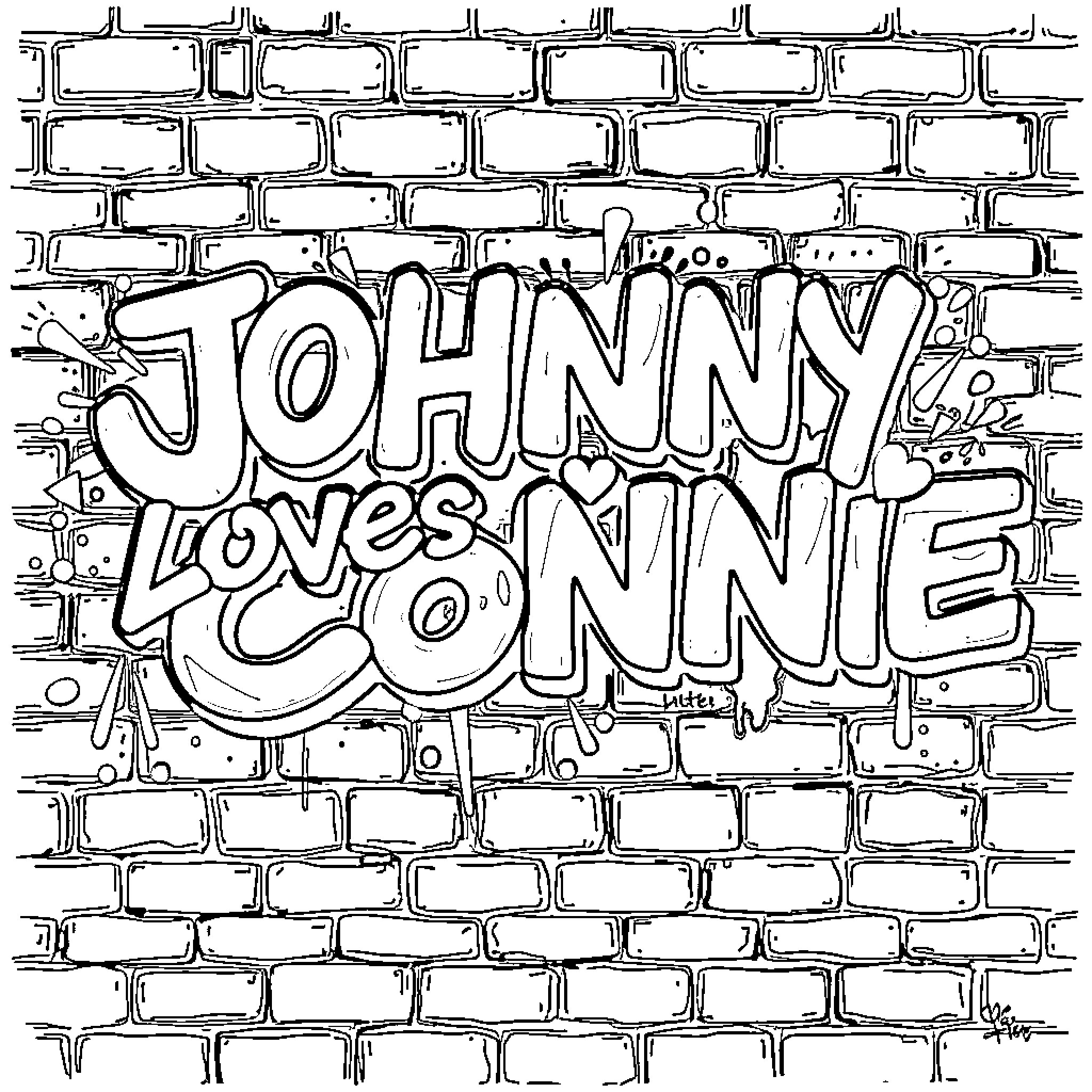 Graffiti with text expressing affection Coloring Page (free black-and-white line drawing printable PDF for all, from beginners to advanced learners, including children, teens, adults, and seniors)