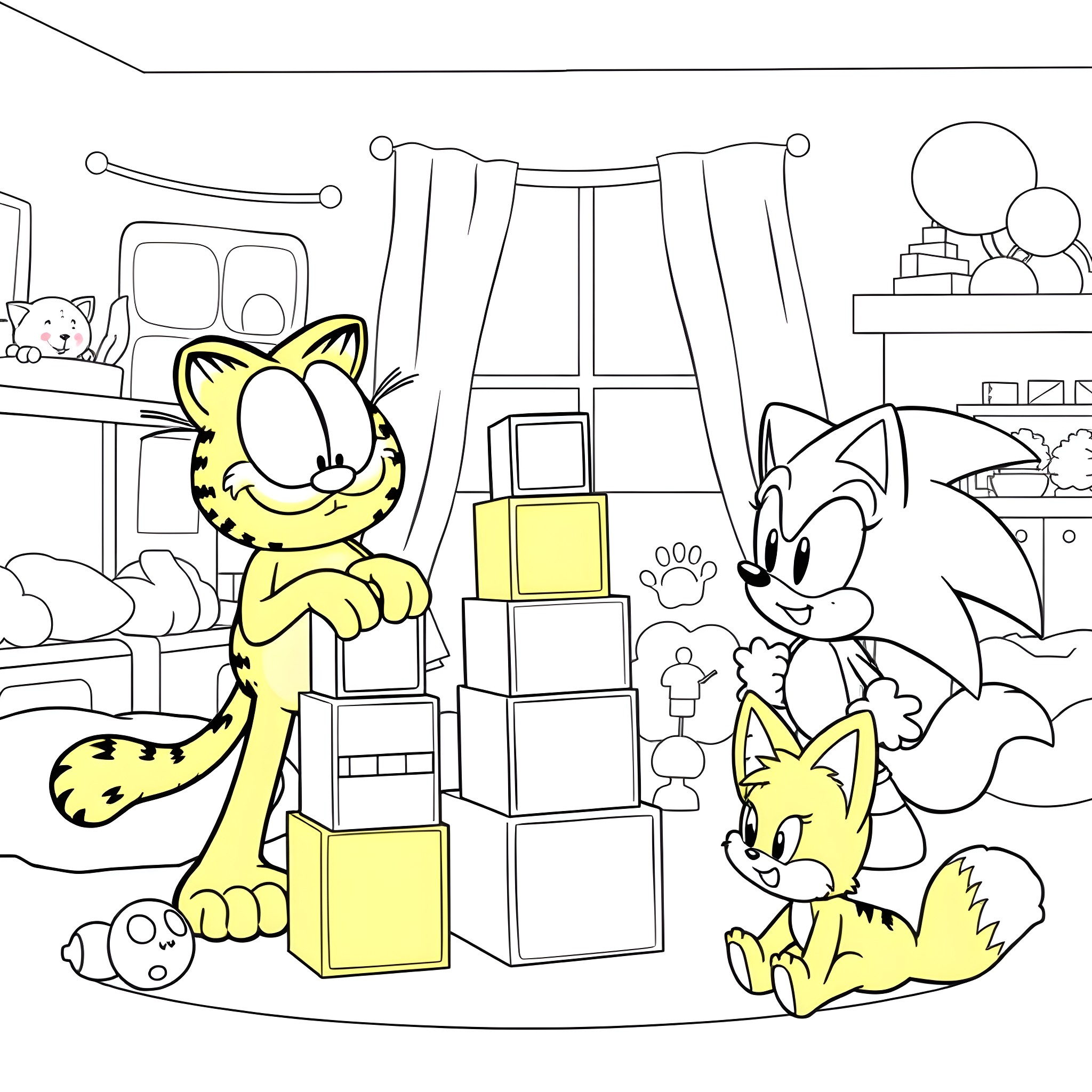 Garfield playing with Sonic the Hedgehog in the room Coloring Page (free black-and-white line drawing printable PDF for all, from beginners to advanced learners, including children, teens, adults, and seniors)