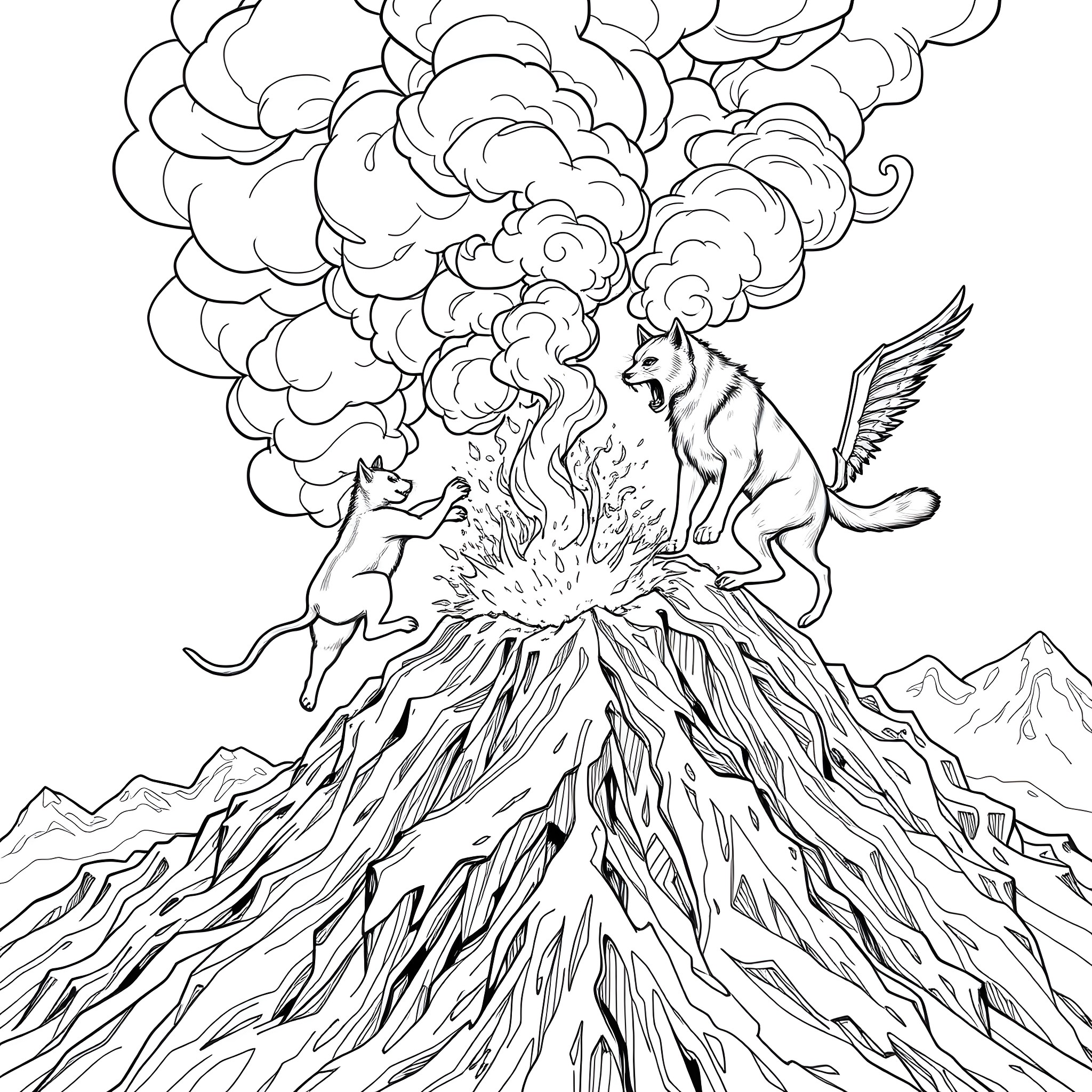 Cats Observing Volcanic Eruption Coloring Page (free black-and-white line drawing printable PDF for all, from beginners to advanced learners, including children, teens, adults, and seniors)