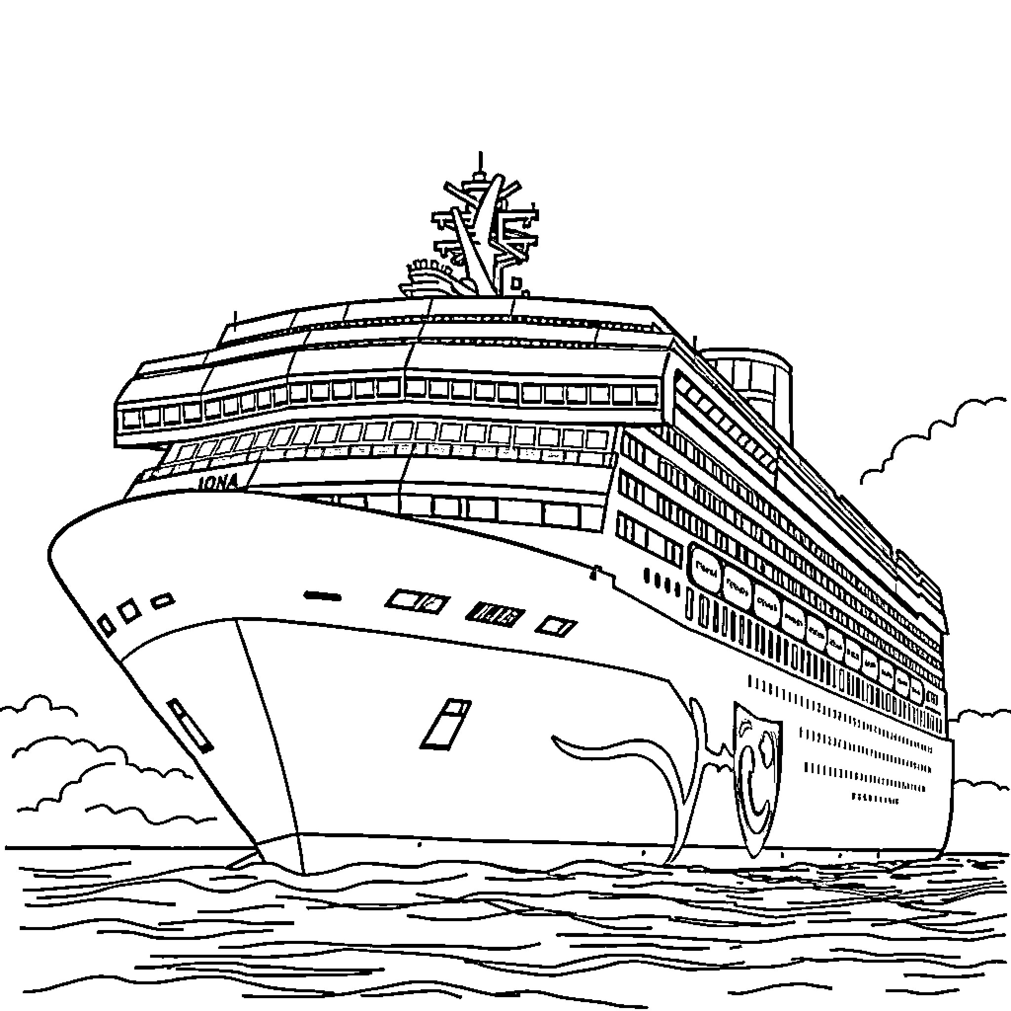 Ship sailing majestically on the open sea Coloring Page (free black-and-white line drawing printable PDF for all, from beginners to advanced learners, including children, teens, adults, and seniors)