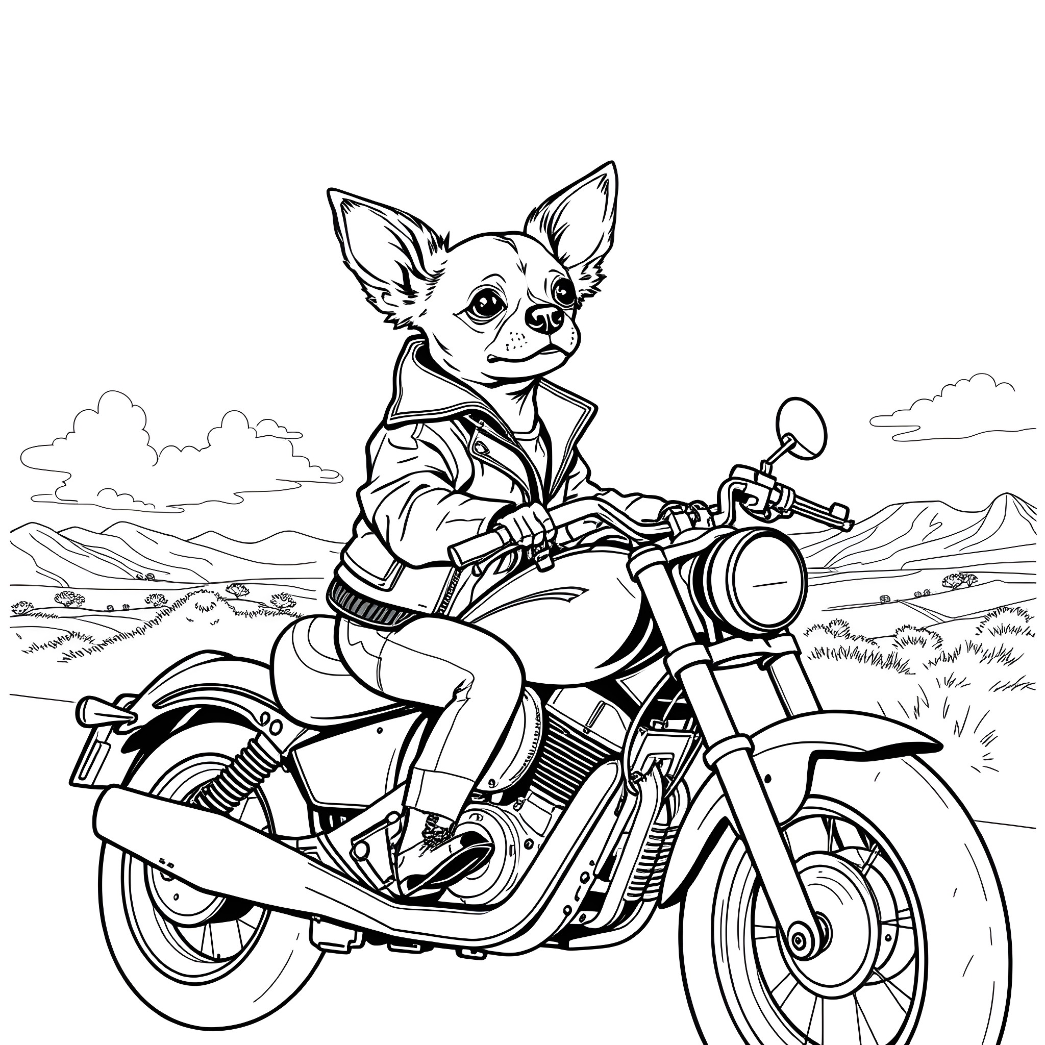 Chihuahua riding a motorcycle in the countryside Coloring Page (free black-and-white line drawing printable PDF for all, from beginners to advanced learners, including children, teens, adults, and seniors)