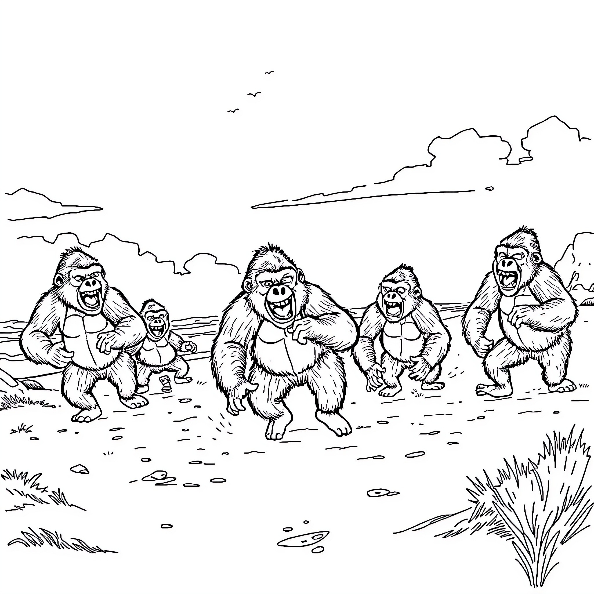 Gorillas roaming in their natural habitat Coloring Page (free black-and-white line drawing printable PDF for all, from beginners to advanced learners, including children, teens, adults, and seniors)