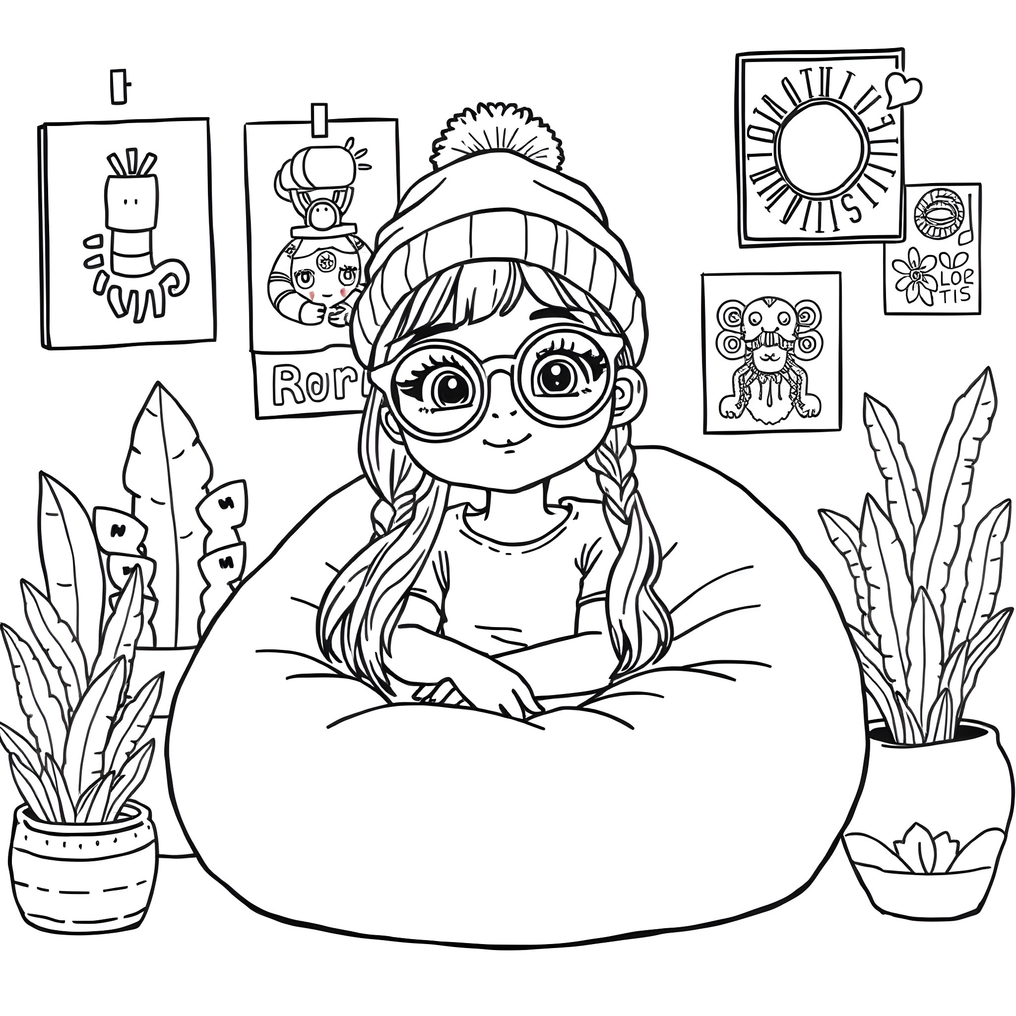Stoner Girl Lounging Contentedly in Her Cozy Room Coloring Page (free black-and-white line drawing printable PDF for all, from beginners to advanced learners, including children, teens, adults, and seniors)