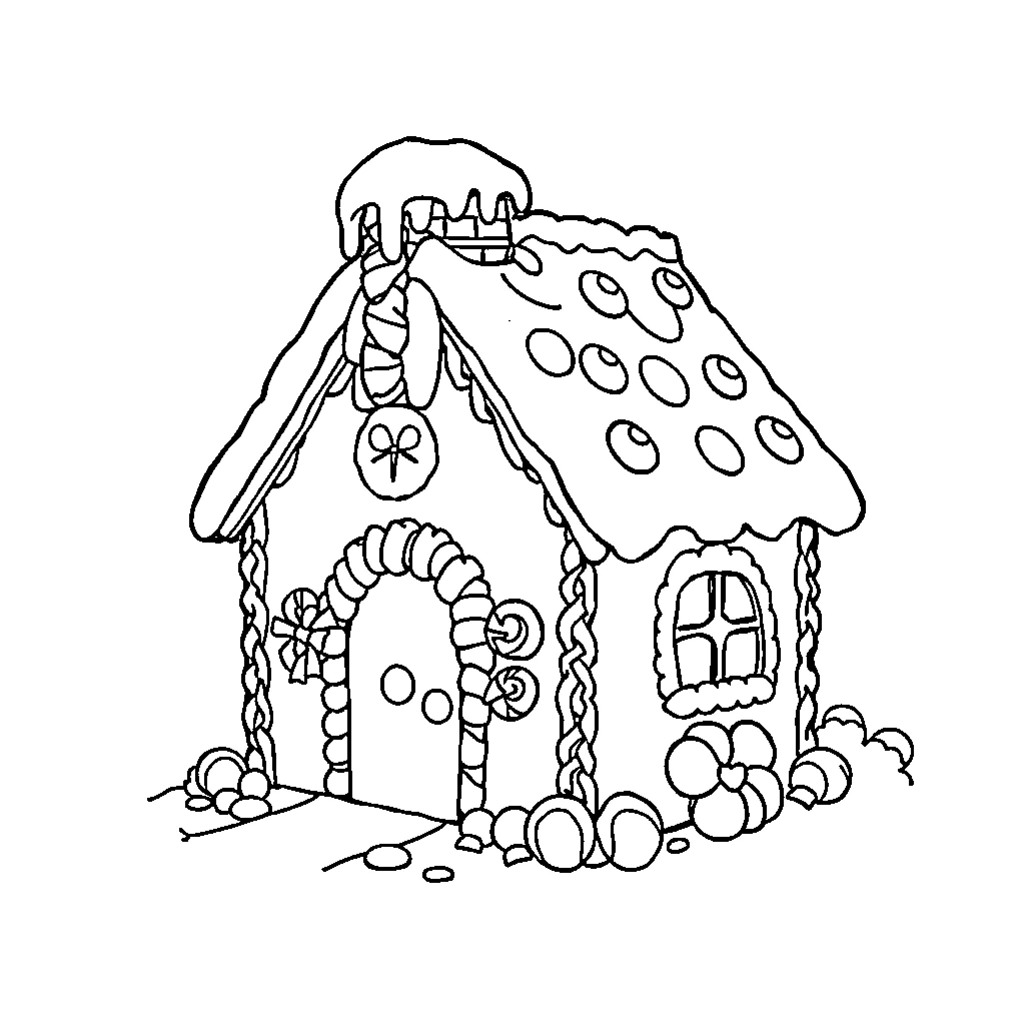 Gingerbread house with decorative details Coloring Page (free black-and-white line drawing printable PDF for all, from beginners to advanced learners, including children, teens, adults, and seniors)
