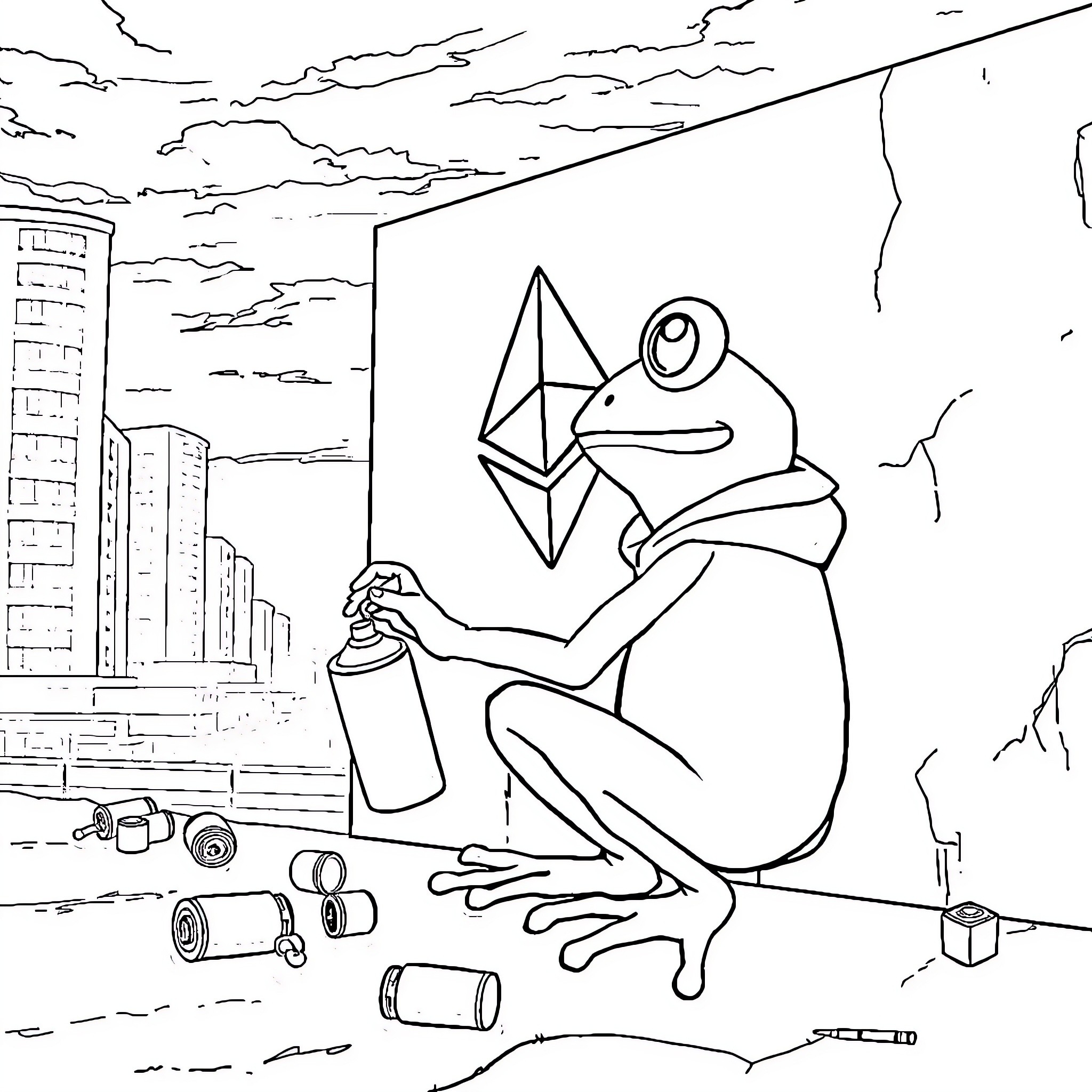 Pepe the Graffiti Frog Sprays Artwork Coloring Page (free black-and-white line drawing printable PDF for all, from beginners to advanced learners, including children, teens, adults, and seniors)
