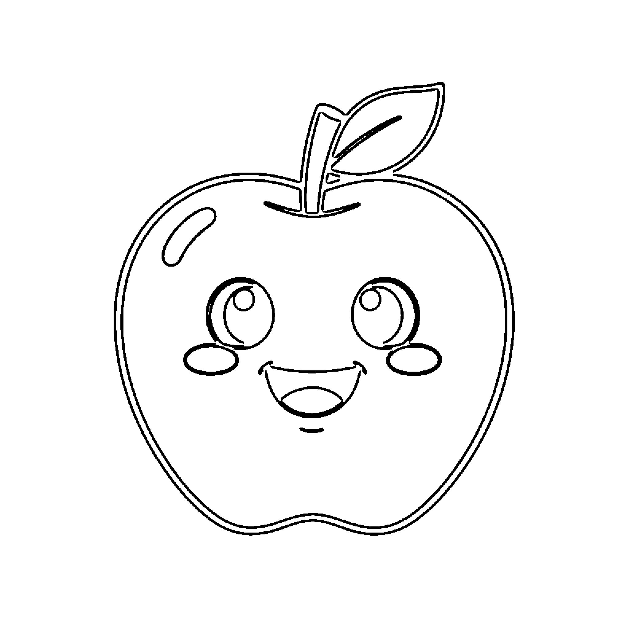 Apple character smiling with a happy expression Coloring Page (free black-and-white line drawing printable PDF for all, from beginners to advanced learners, including children, teens, adults, and seniors)