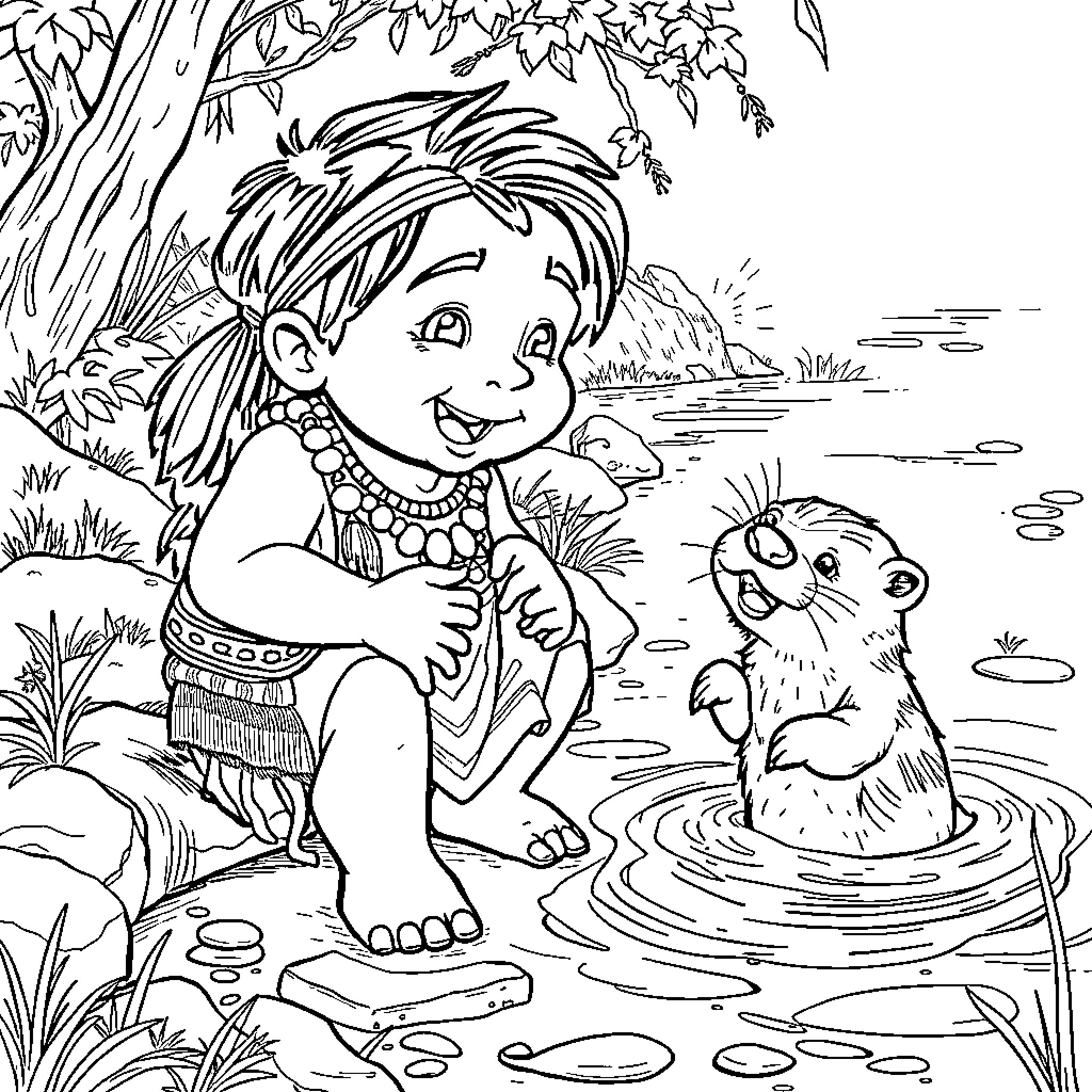 Indian Child Playing with Woodland Creatures Coloring Page (free black-and-white line drawing printable PDF for all, from beginners to advanced learners, including children, teens, adults, and seniors)