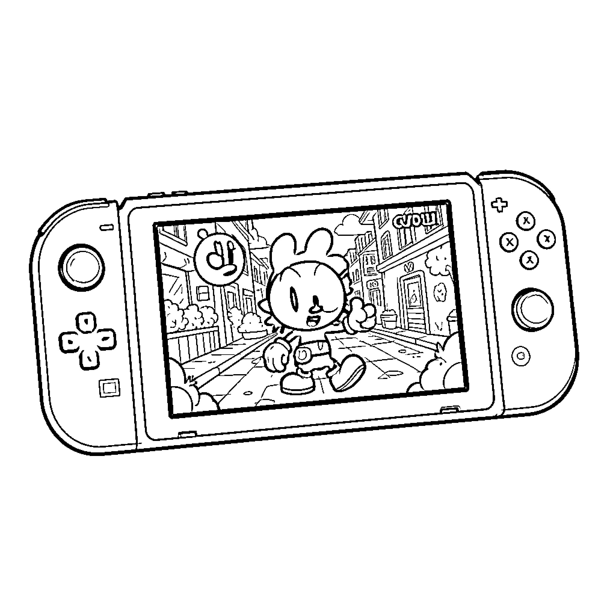 Nintendo Switch displaying a cheerful cartoon character playing Coloring Page (free black-and-white line drawing printable PDF for all, from beginners to advanced learners, including children, teens, adults, and seniors)