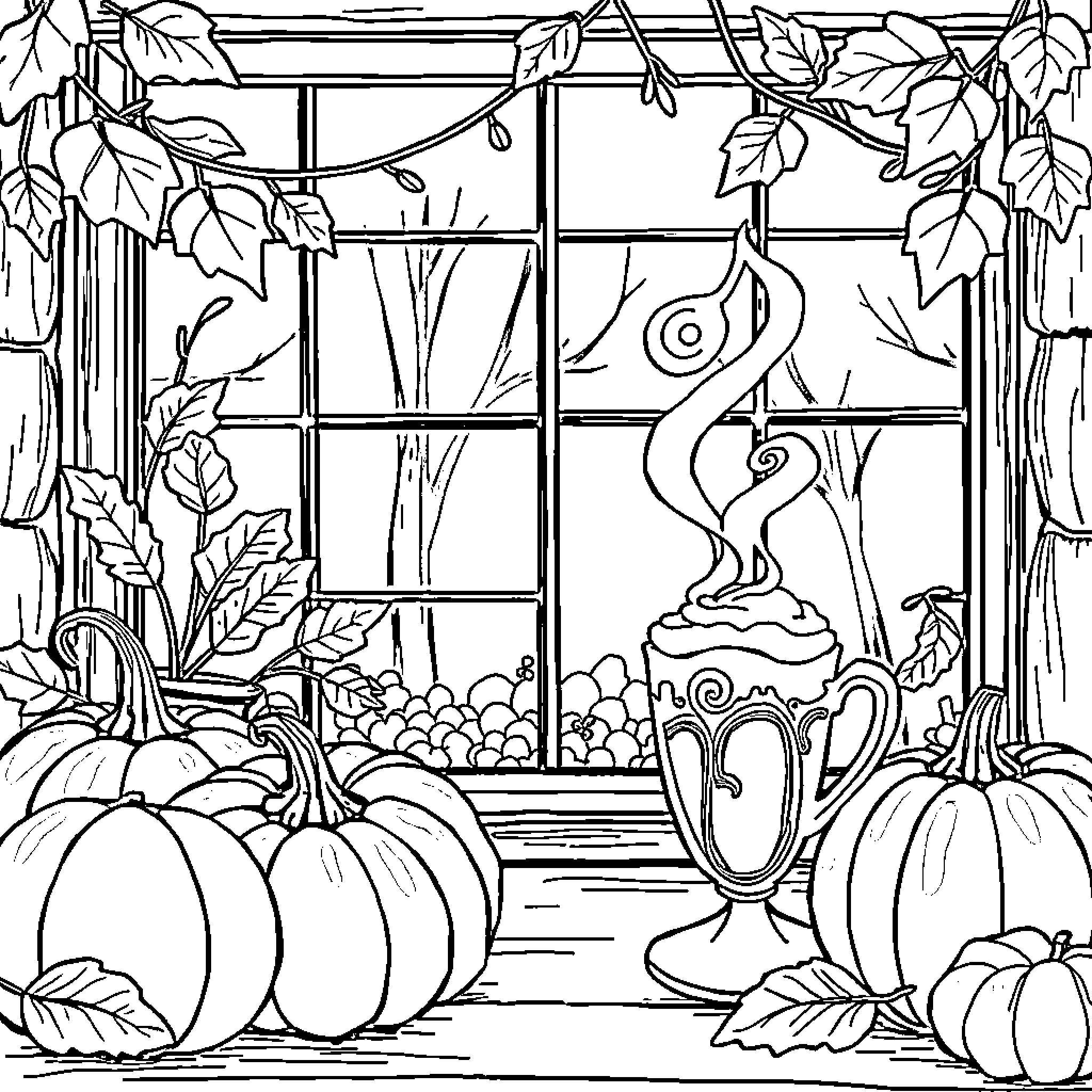 Cafe Autumn Scene with Pumpkins and Floral Decor Coloring Page (free black-and-white line drawing printable PDF for all, from beginners to advanced learners, including children, teens, adults, and seniors)
