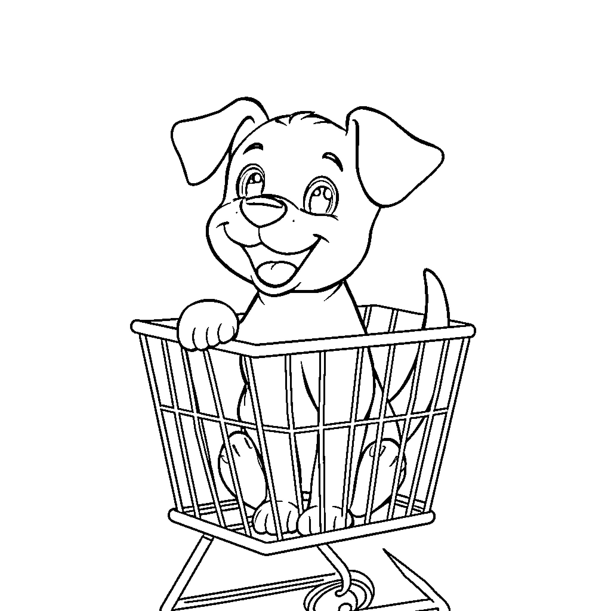 Puppy Riding in Shopping Cart Coloring Page (free black-and-white line drawing printable PDF for all, from beginners to advanced learners, including children, teens, adults, and seniors)