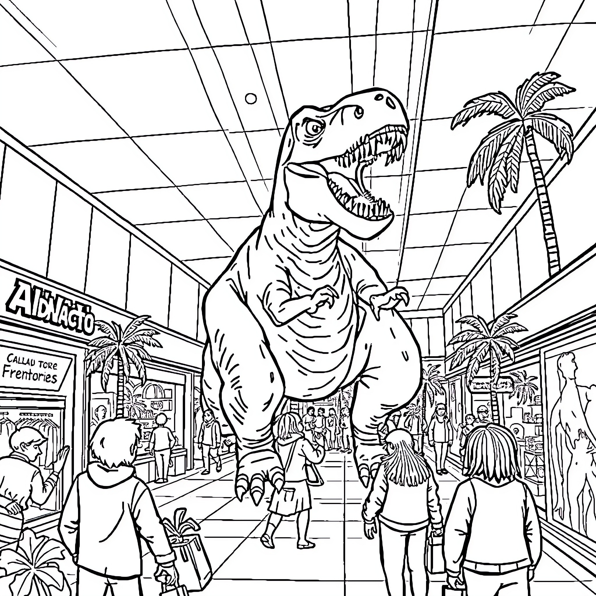 Dinosaur roams among people in a busy market Coloring Page (free black-and-white line drawing printable PDF for all, from beginners to advanced learners, including children, teens, adults, and seniors)