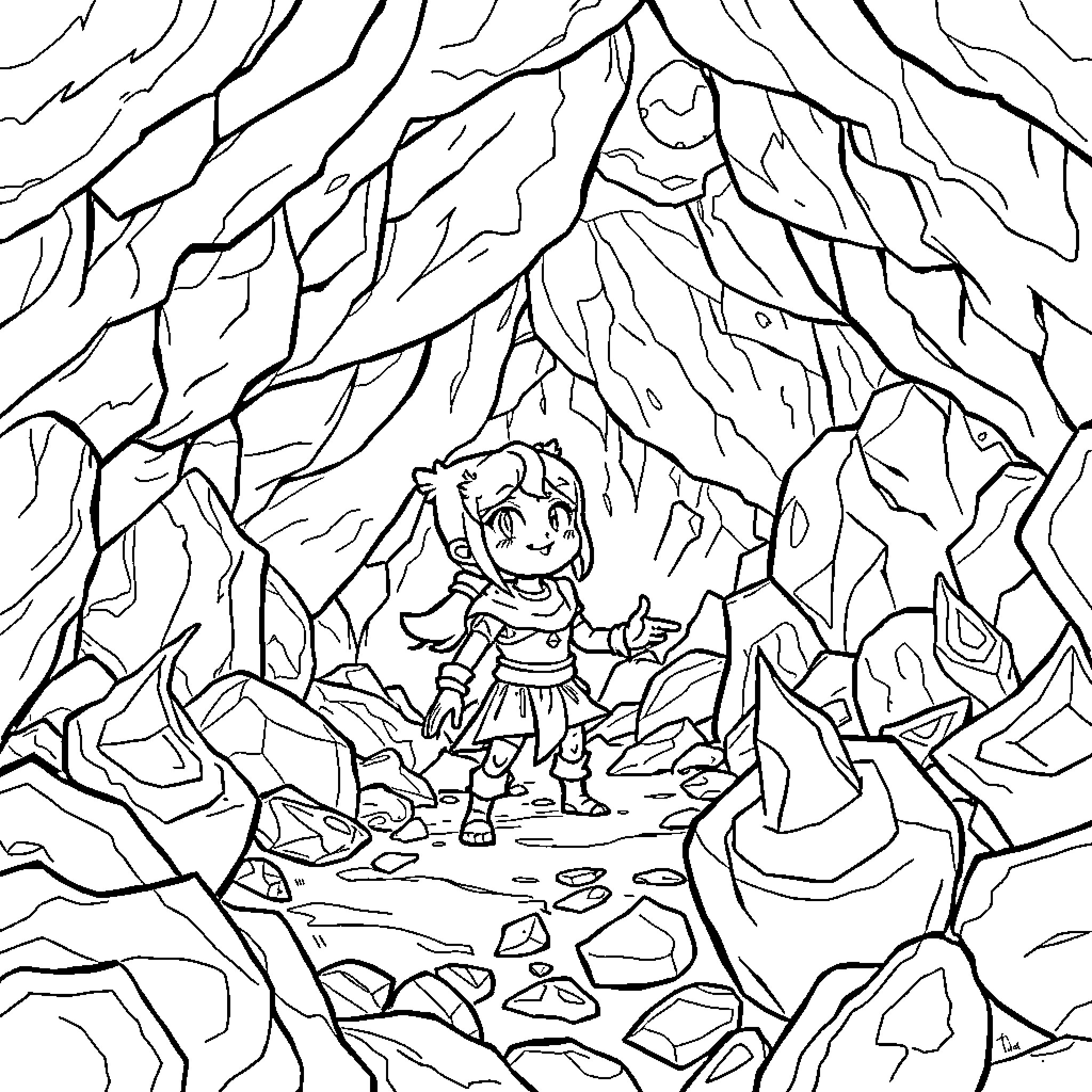 Hodari's Adventurous Journey Through the Enchanted Cave Coloring Page (free black-and-white line drawing printable PDF for all, from beginners to advanced learners, including children, teens, adults, and seniors)