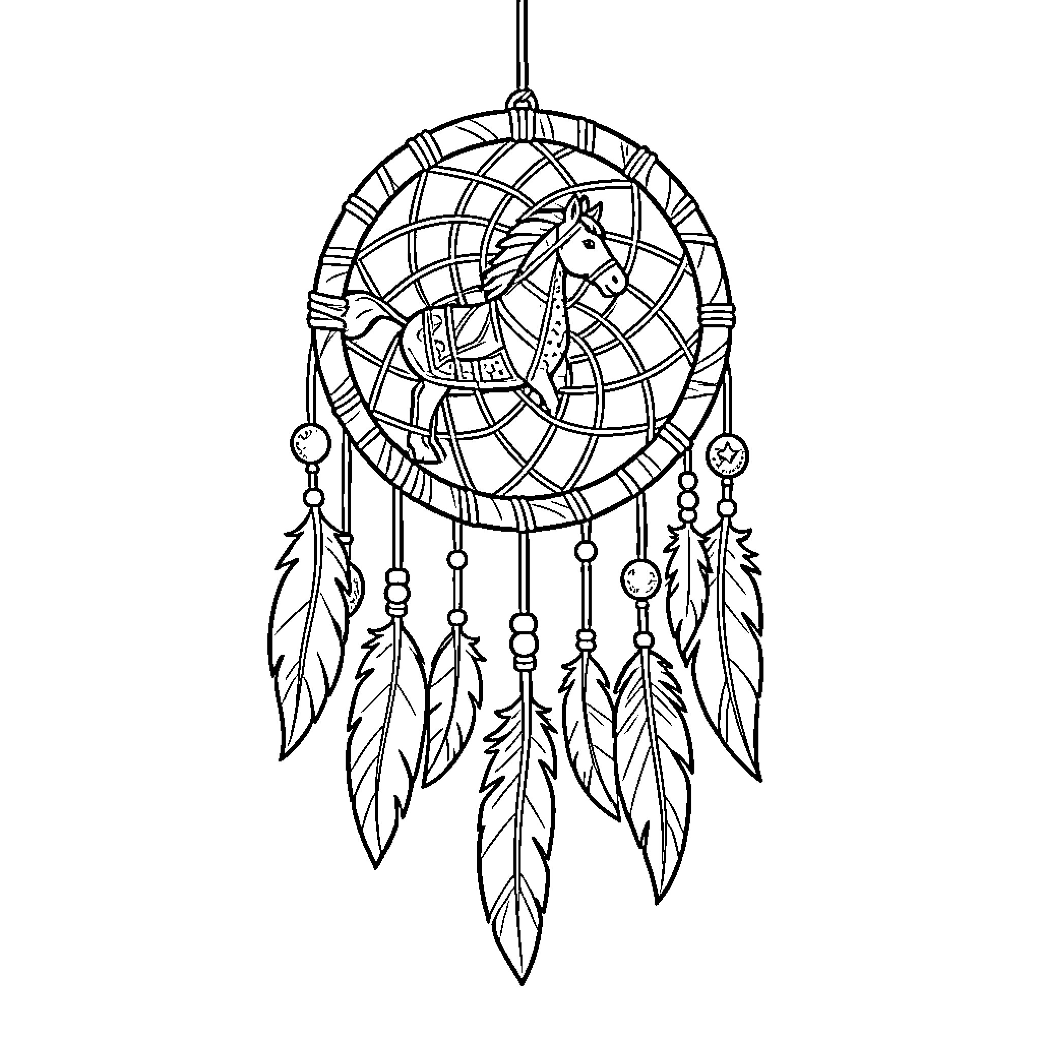 Horse-themed dream catcher with feathers Coloring Page (free black-and-white line drawing printable PDF for all, from beginners to advanced learners, including children, teens, adults, and seniors)