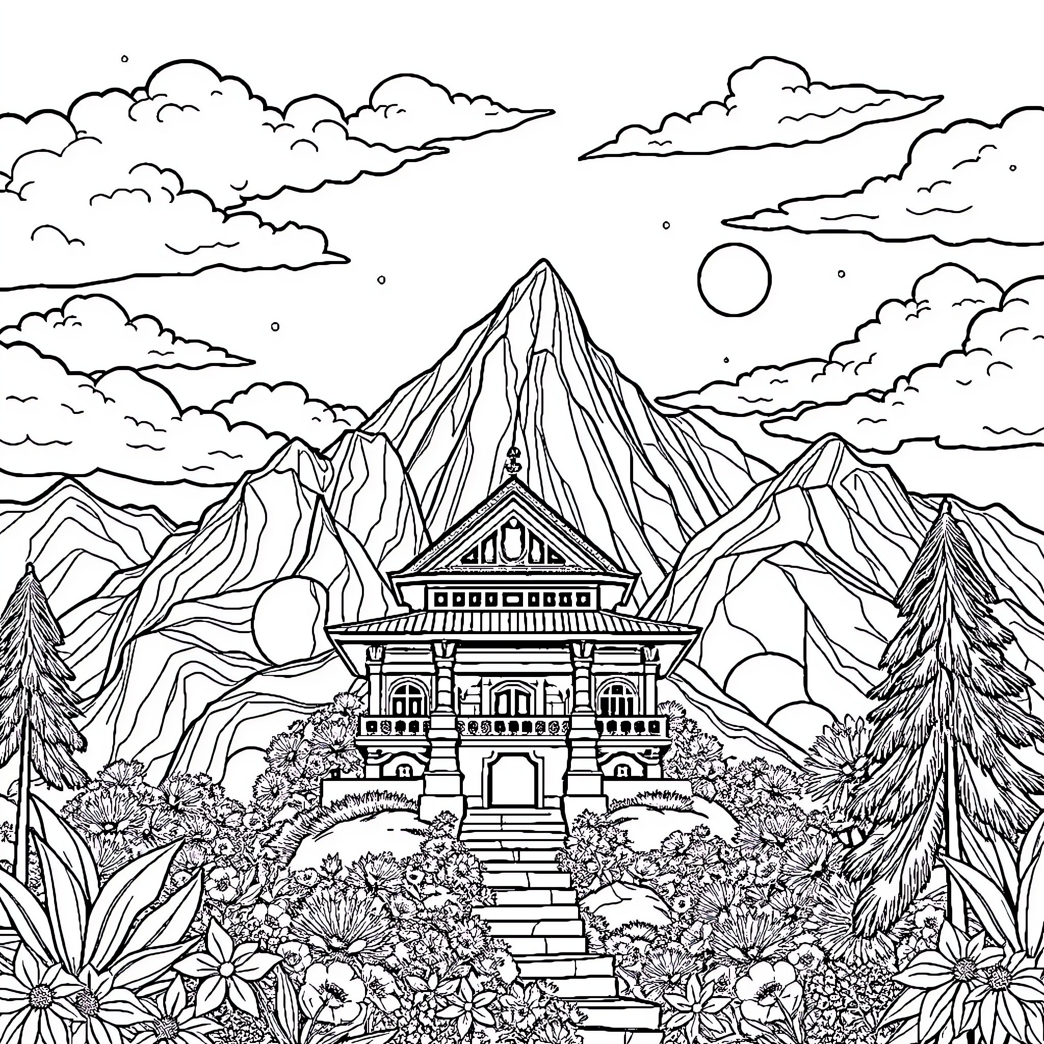 Mekah's Majestic Mountain Temple Coloring Page (free black-and-white line drawing printable PDF for all, from beginners to advanced learners, including children, teens, adults, and seniors)