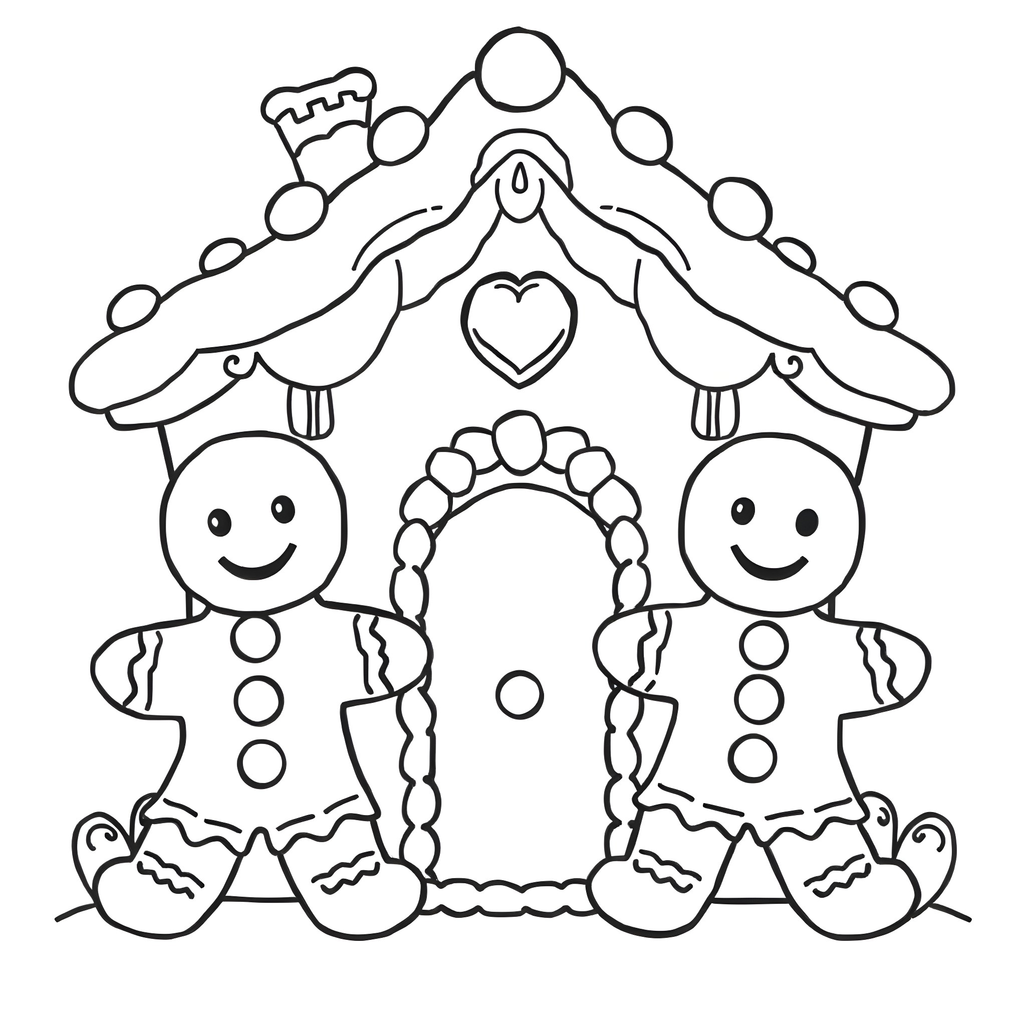 Gingerbread House with Smiling Characters Coloring Page (free black-and-white line drawing printable PDF for all, from beginners to advanced learners, including children, teens, adults, and seniors)