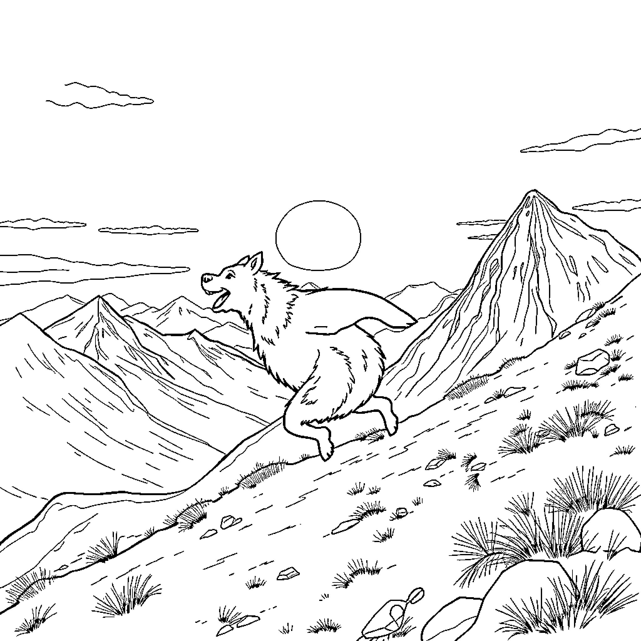 Shetland Sheepdog exploring the mountain landscape Coloring Page (free black-and-white line drawing printable PDF for all, from beginners to advanced learners, including children, teens, adults, and seniors)