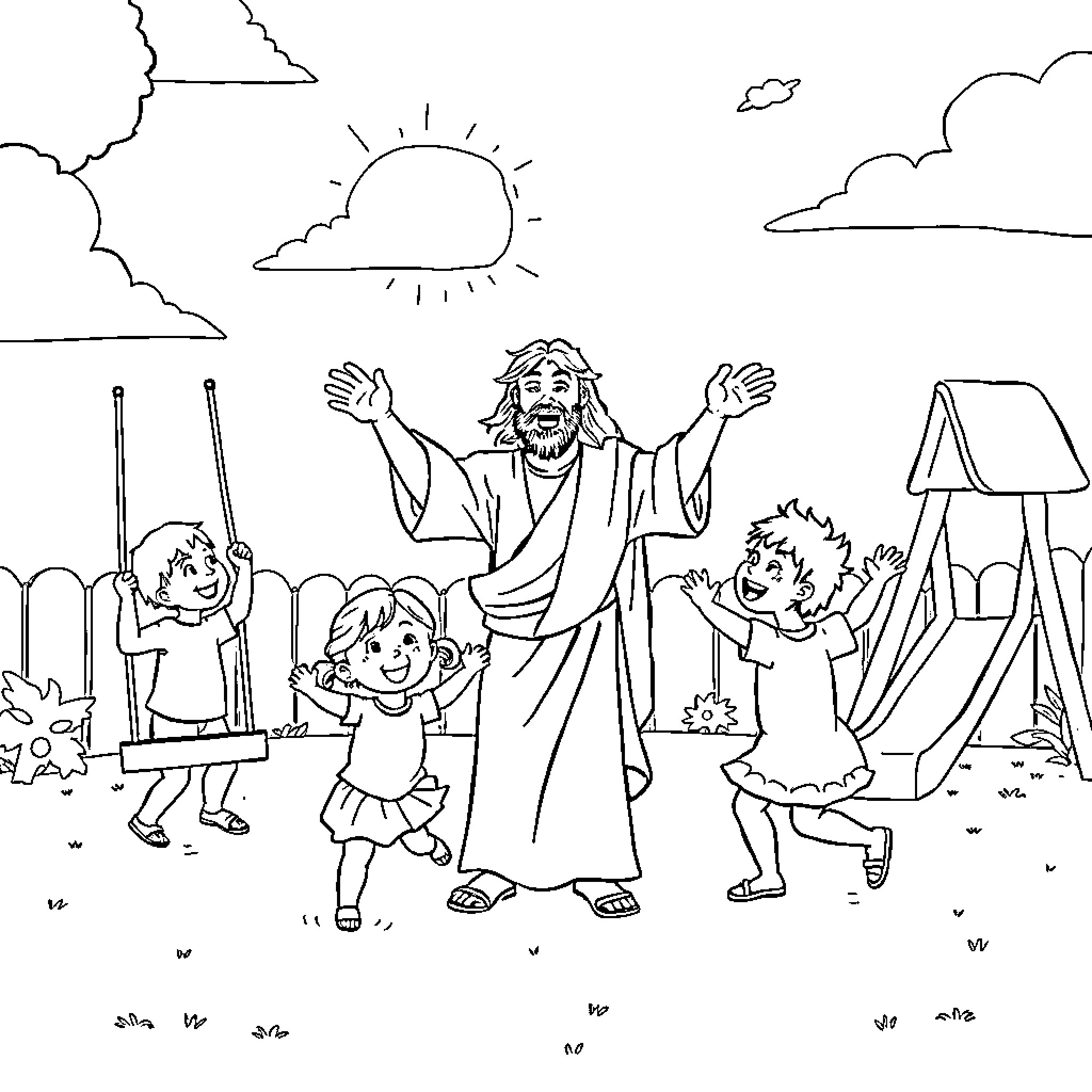 Jesus joyfully embracing children in a serene outdoor setting Coloring Page (free black-and-white line drawing printable PDF for all, from beginners to advanced learners, including children, teens, adults, and seniors)