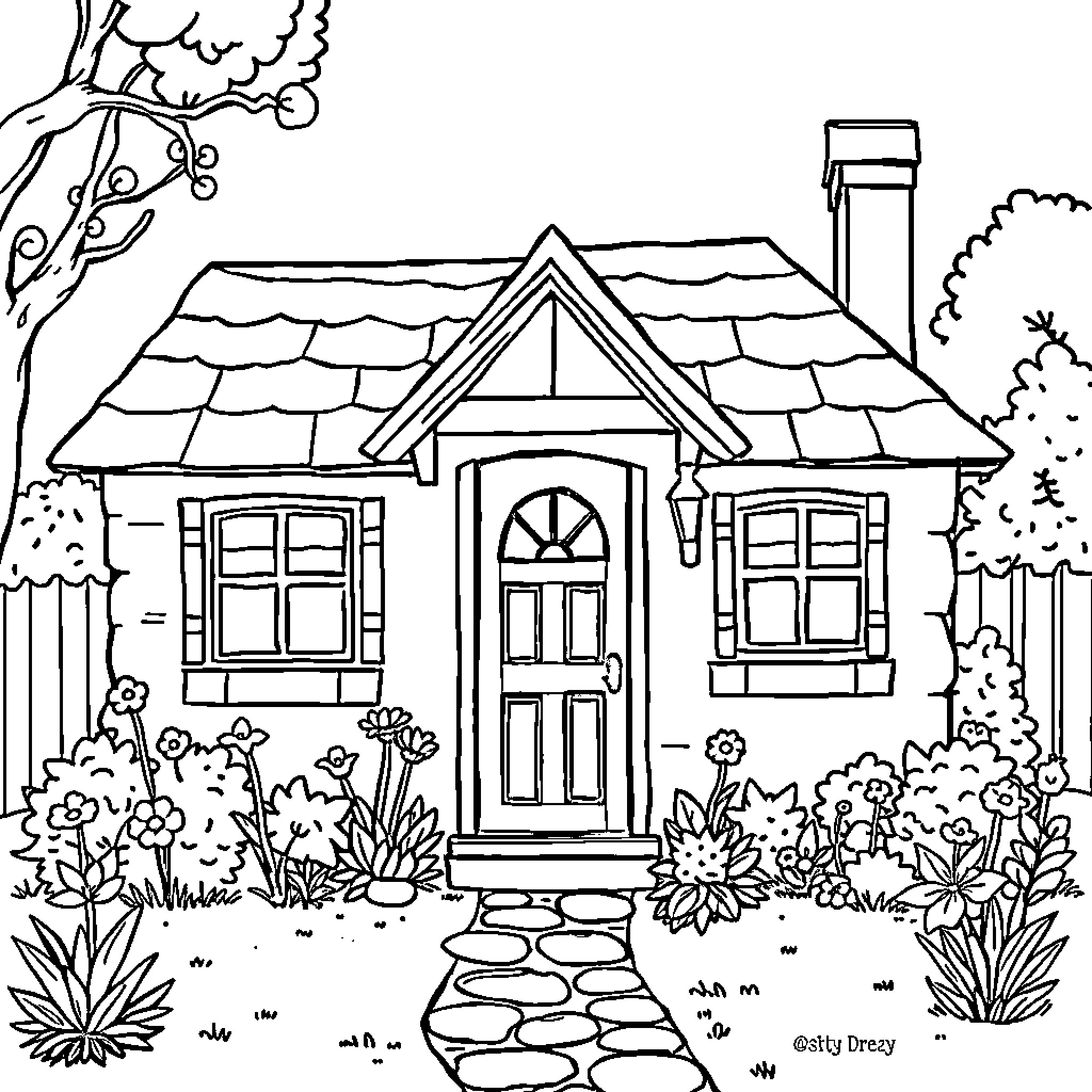 House with Decorative Entrance and Lush Garden Coloring Page (free black-and-white line drawing printable PDF for all, from beginners to advanced learners, including children, teens, adults, and seniors)