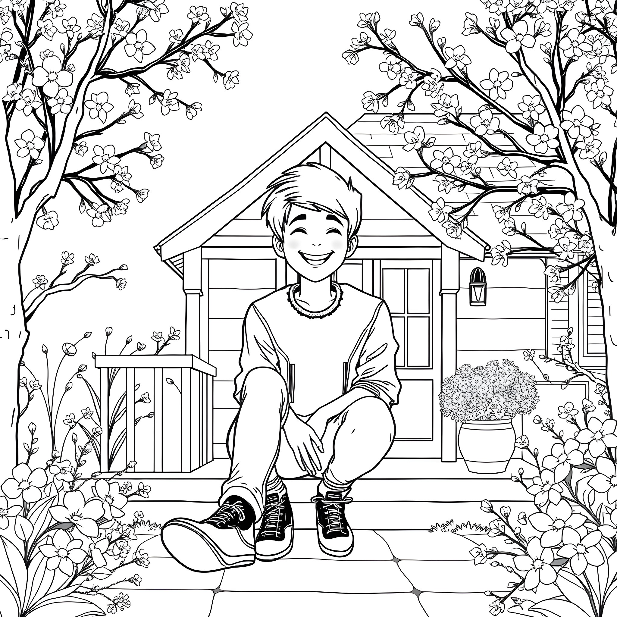 Boy playing outdoors near a house surrounded by blooming trees Coloring Page (free black-and-white line drawing printable PDF for all, from beginners to advanced learners, including children, teens, adults, and seniors)