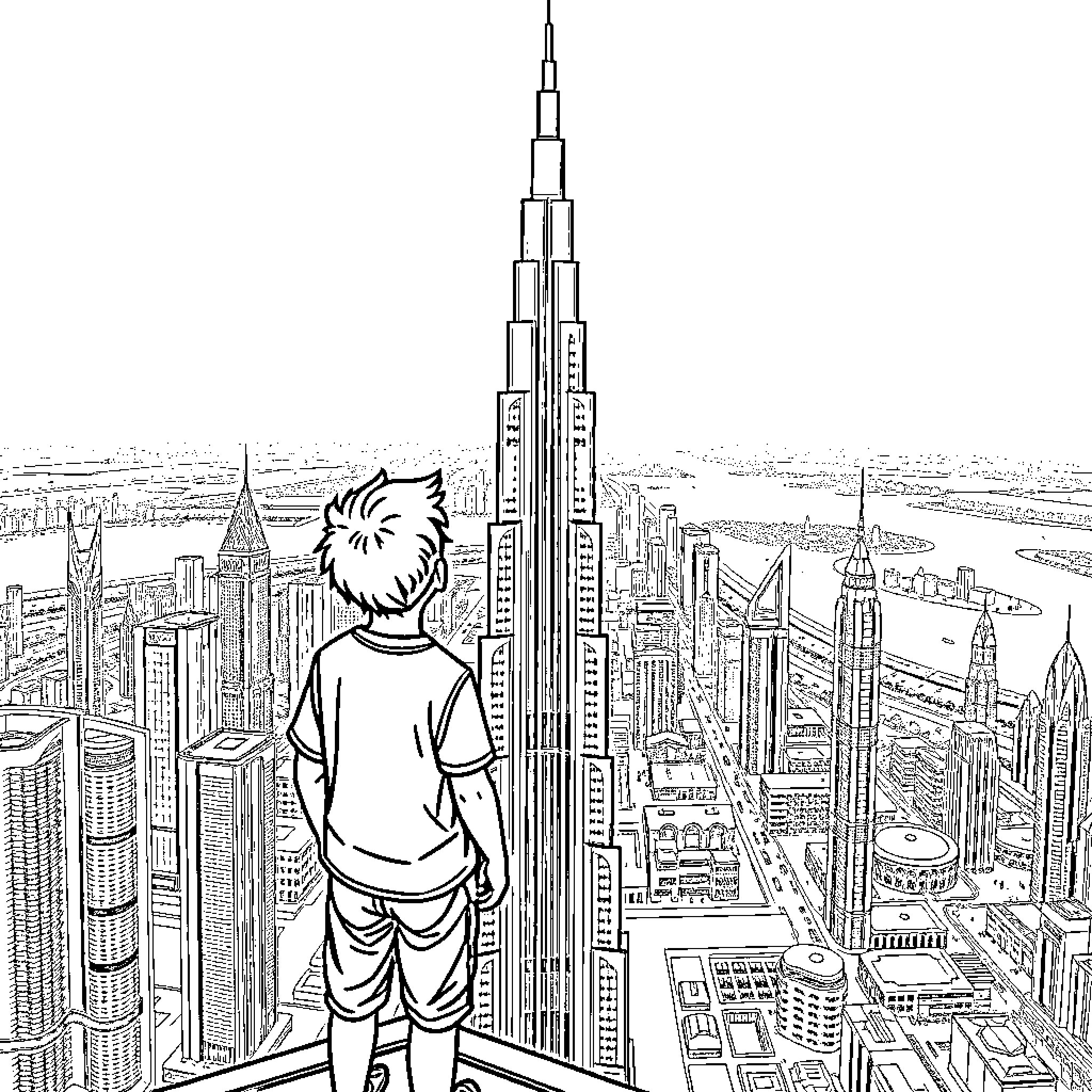 Boy observing the grand city skyline Coloring Page (free black-and-white line drawing printable PDF for all, from beginners to advanced learners, including children, teens, adults, and seniors)