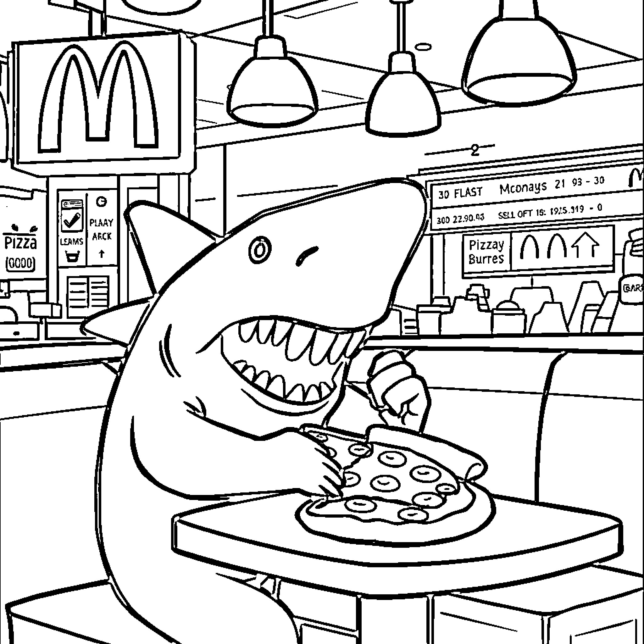 Shark enjoying a pizza in a fast-food restaurant Coloring Page (free black-and-white line drawing printable PDF for all, from beginners to advanced learners, including children, teens, adults, and seniors)