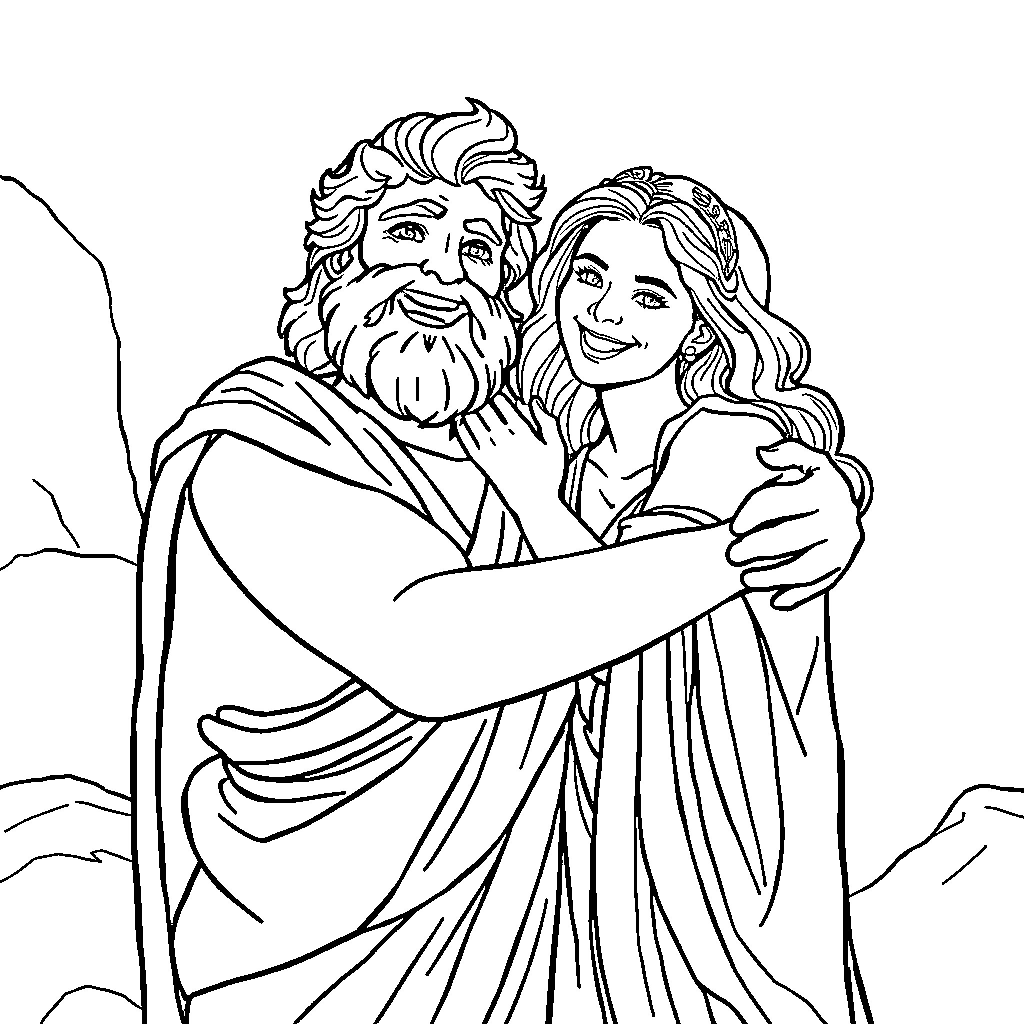 Odysseus reunites with Penelope after long journey Coloring Page (free black-and-white line drawing printable PDF for all, from beginners to advanced learners, including children, teens, adults, and seniors)