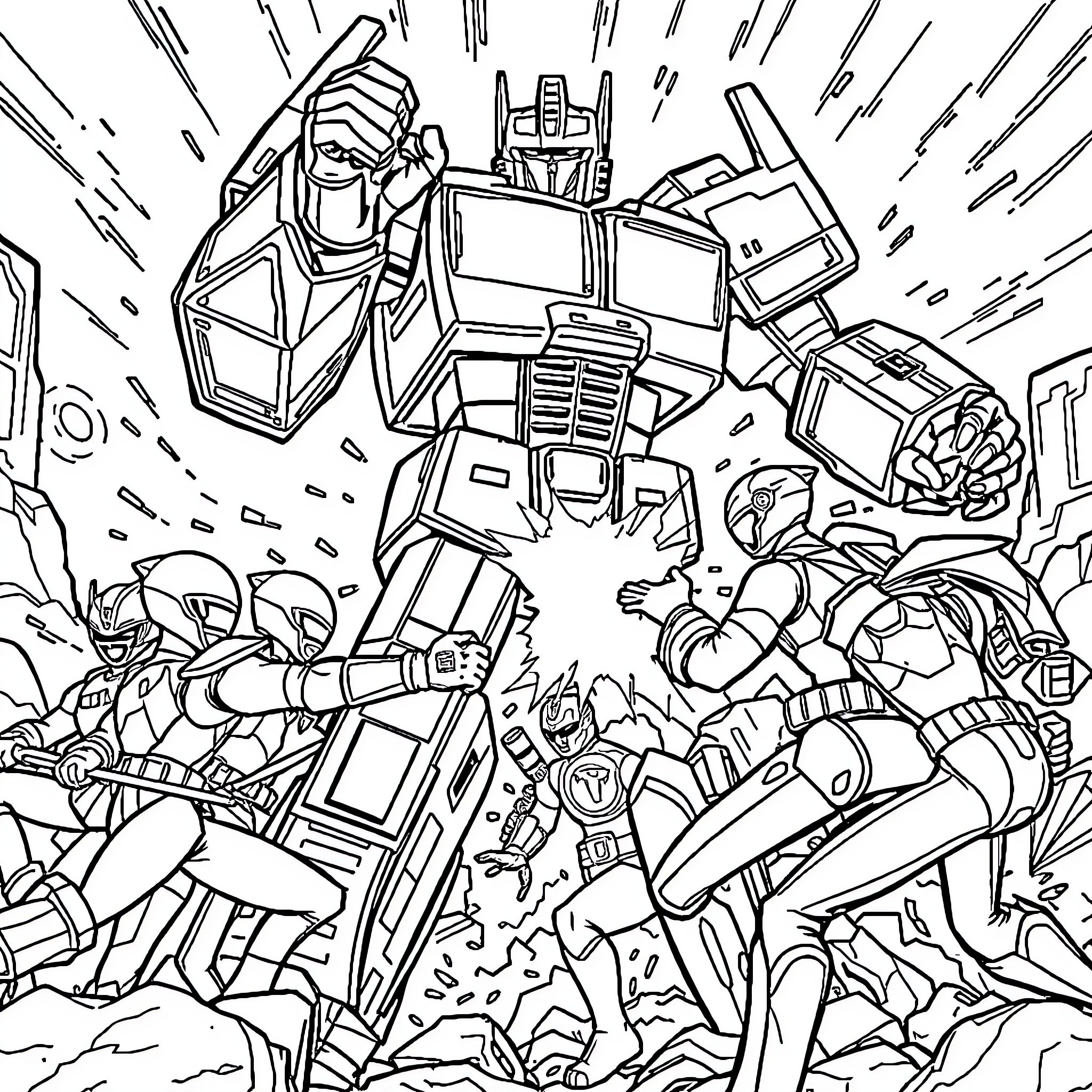 Optimus Prime leading the Autobots into battle Coloring Page (free black-and-white line drawing printable PDF for all, from beginners to advanced learners, including children, teens, adults, and seniors)