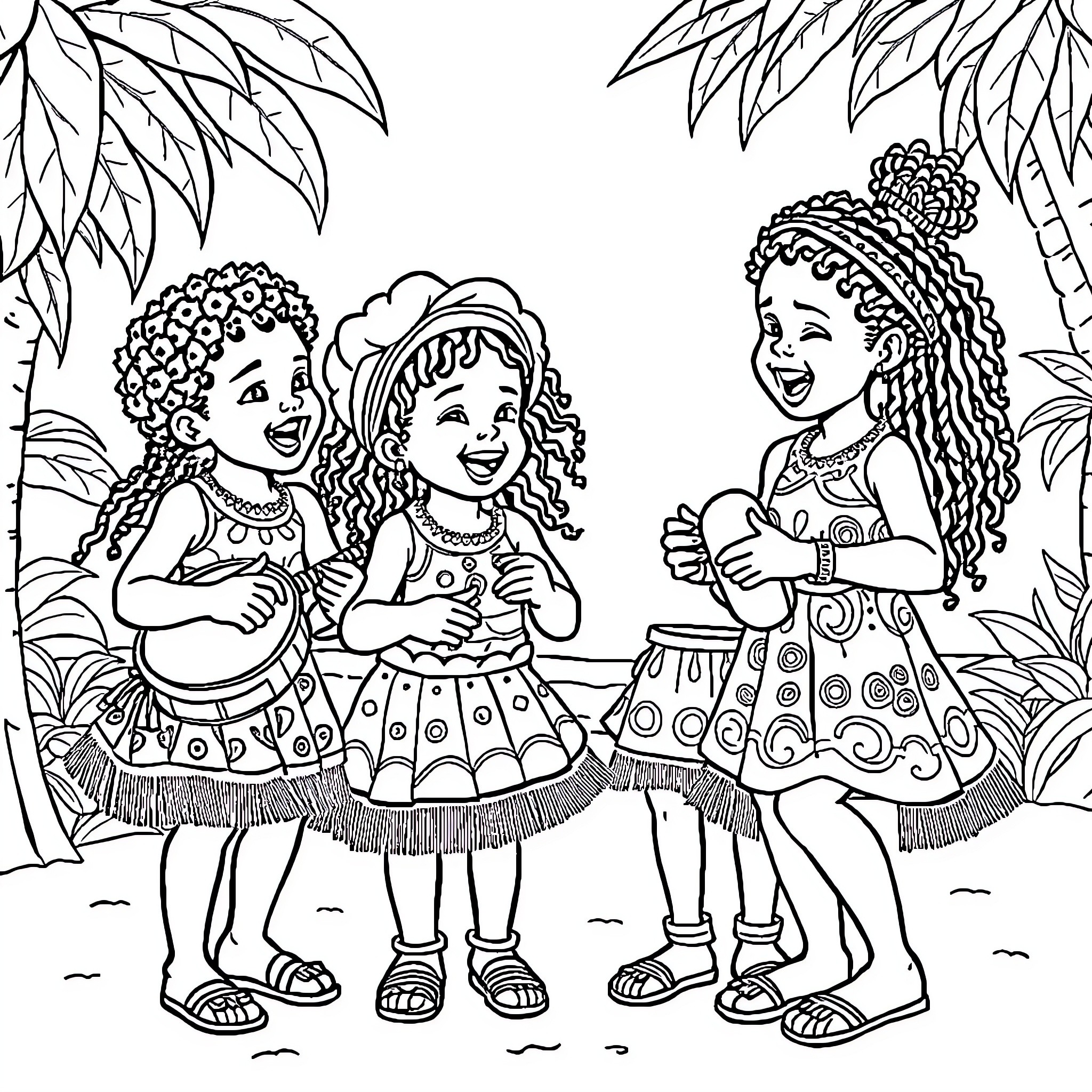 Enfant friends playing joyfully in nature Coloring Page (free black-and-white line drawing printable PDF for all, from beginners to advanced learners, including children, teens, adults, and seniors)