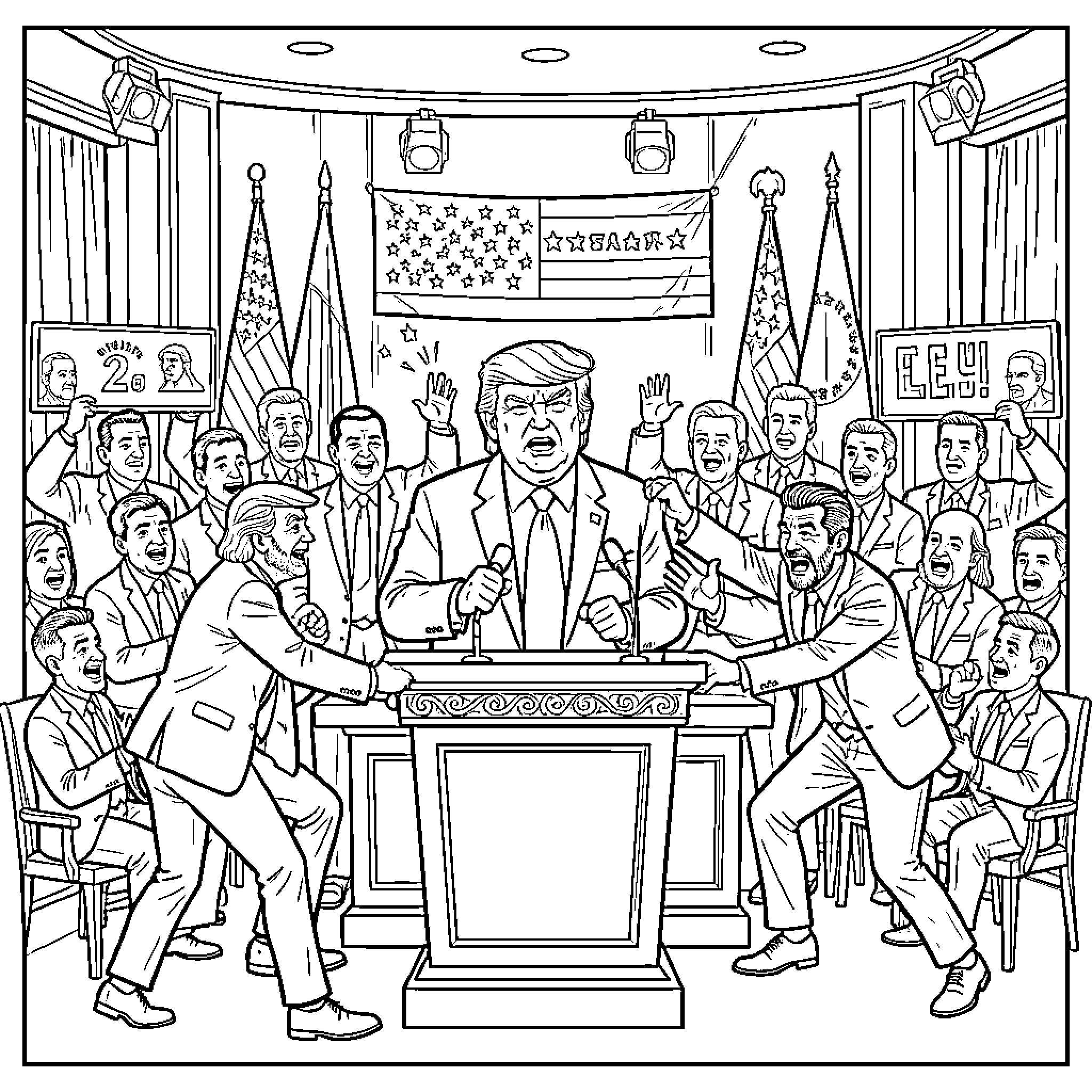 Diable political figure giving a speech to cheering crowd Coloring Page (free black-and-white line drawing printable PDF for all, from beginners to advanced learners, including children, teens, adults, and seniors)