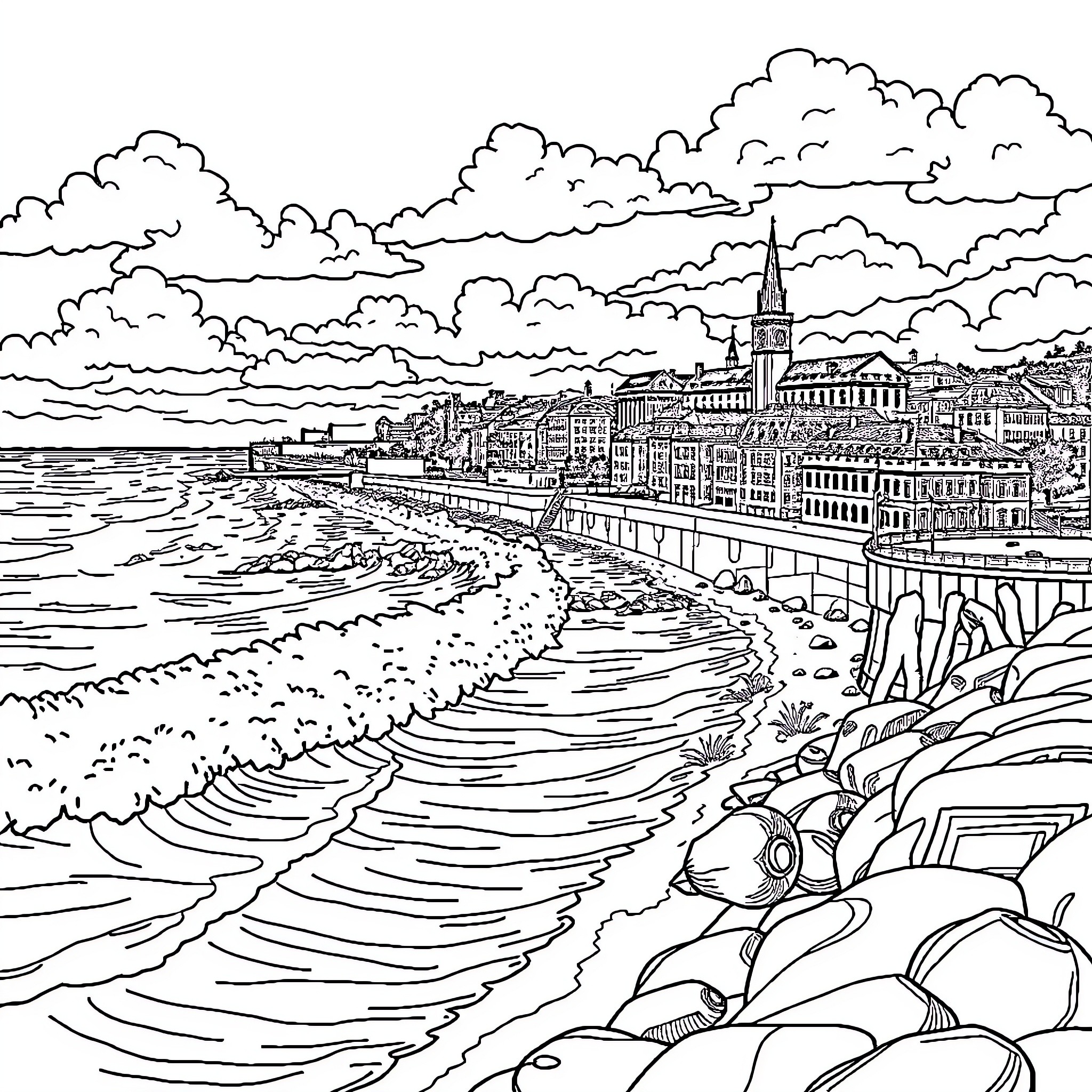 Crescent City Coastal Cityscape With Waves and Clouds Coloring Page (free black-and-white line drawing printable PDF for all, from beginners to advanced learners, including children, teens, adults, and seniors)