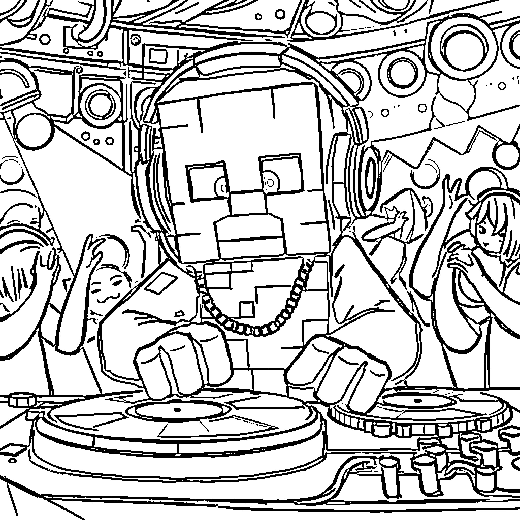 Creeper DJ spinning tracks for excited crowd Coloring Page (free black-and-white line drawing printable PDF for all, from beginners to advanced learners, including children, teens, adults, and seniors)