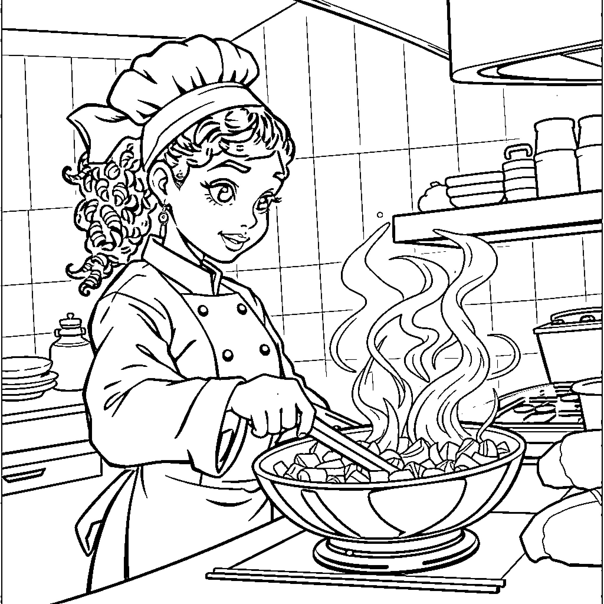 Chef Preparing Delightful Meal in the Kitchen Coloring Page (free black-and-white line drawing printable PDF for all, from beginners to advanced learners, including children, teens, adults, and seniors)