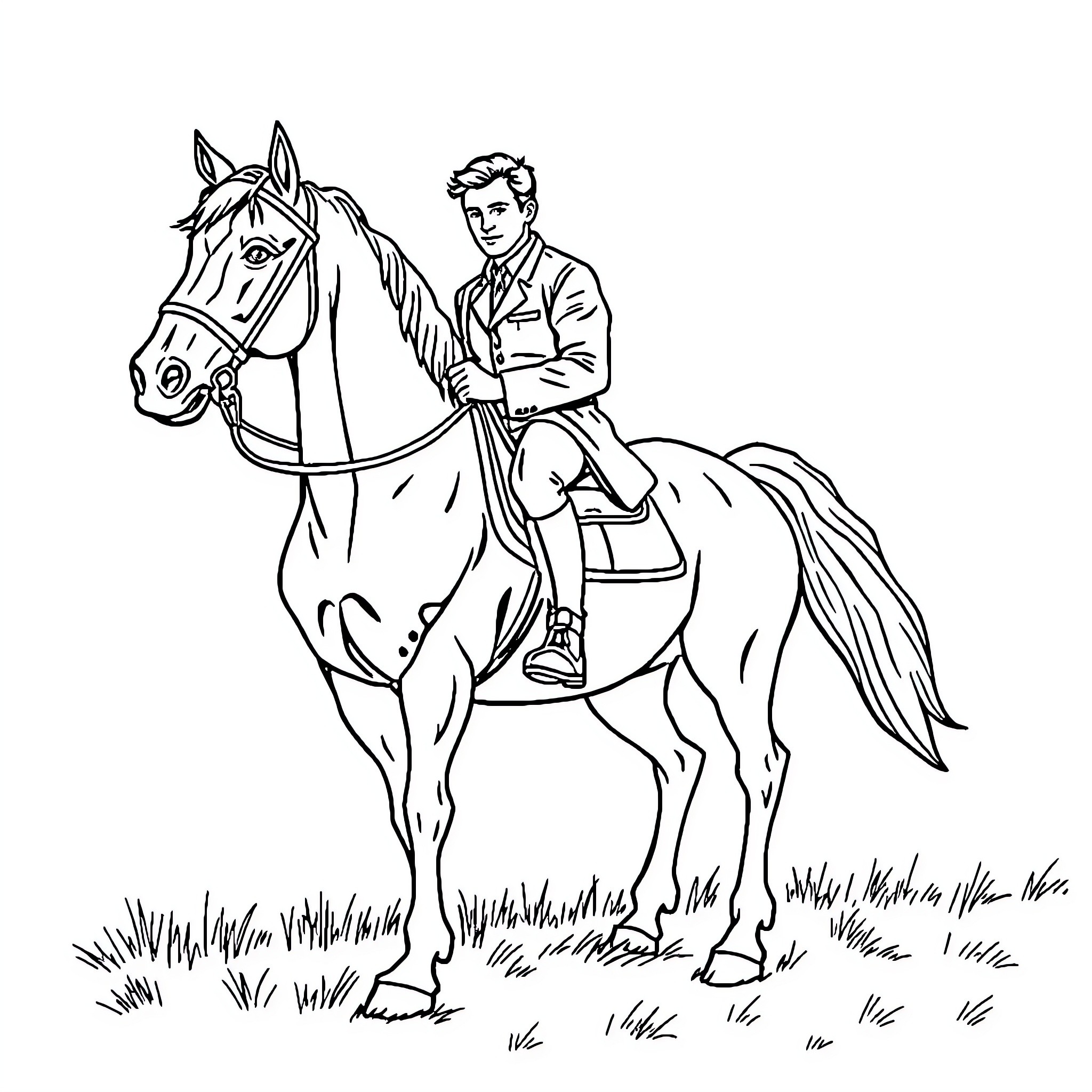 Macron riding a horse in a grassy field Coloring Page (free black-and-white line drawing printable PDF for all, from beginners to advanced learners, including children, teens, adults, and seniors)