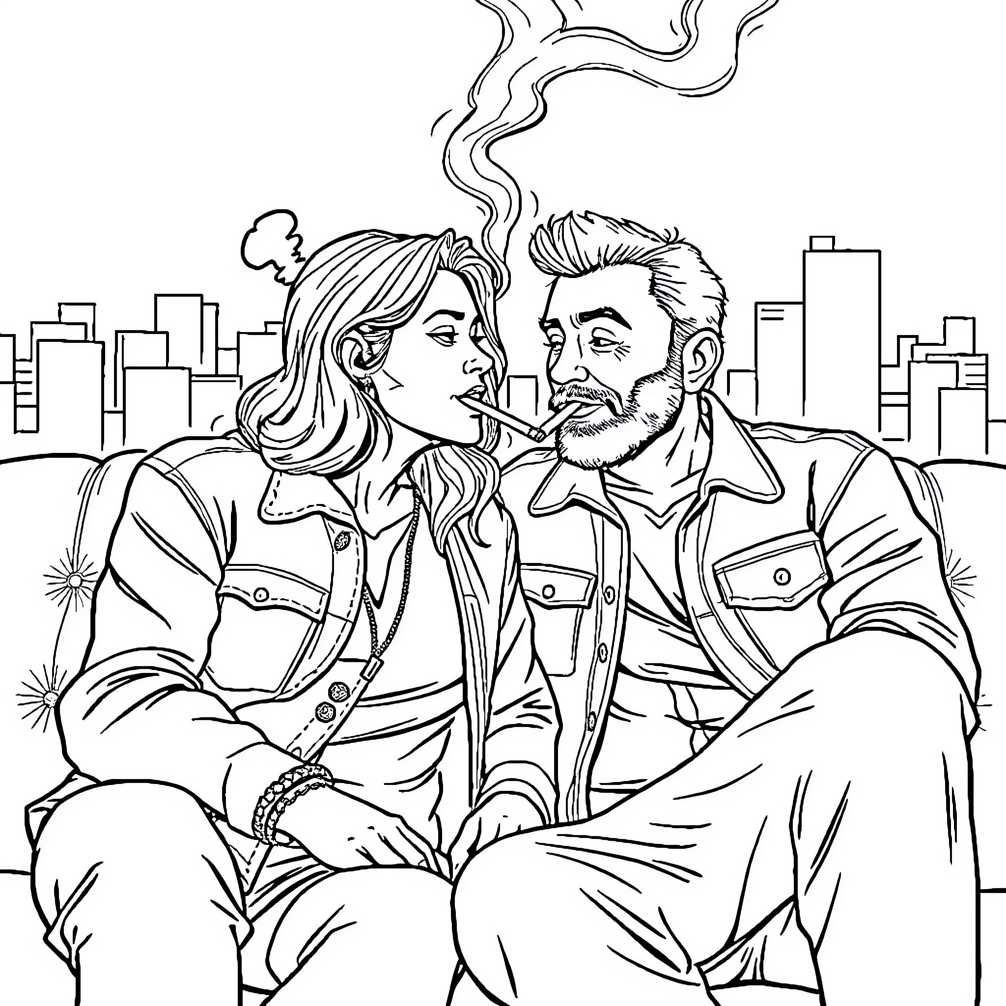 Couple sharing a moment in the city Coloring Page (free black-and-white line drawing printable PDF for all, from beginners to advanced learners, including children, teens, adults, and seniors)
