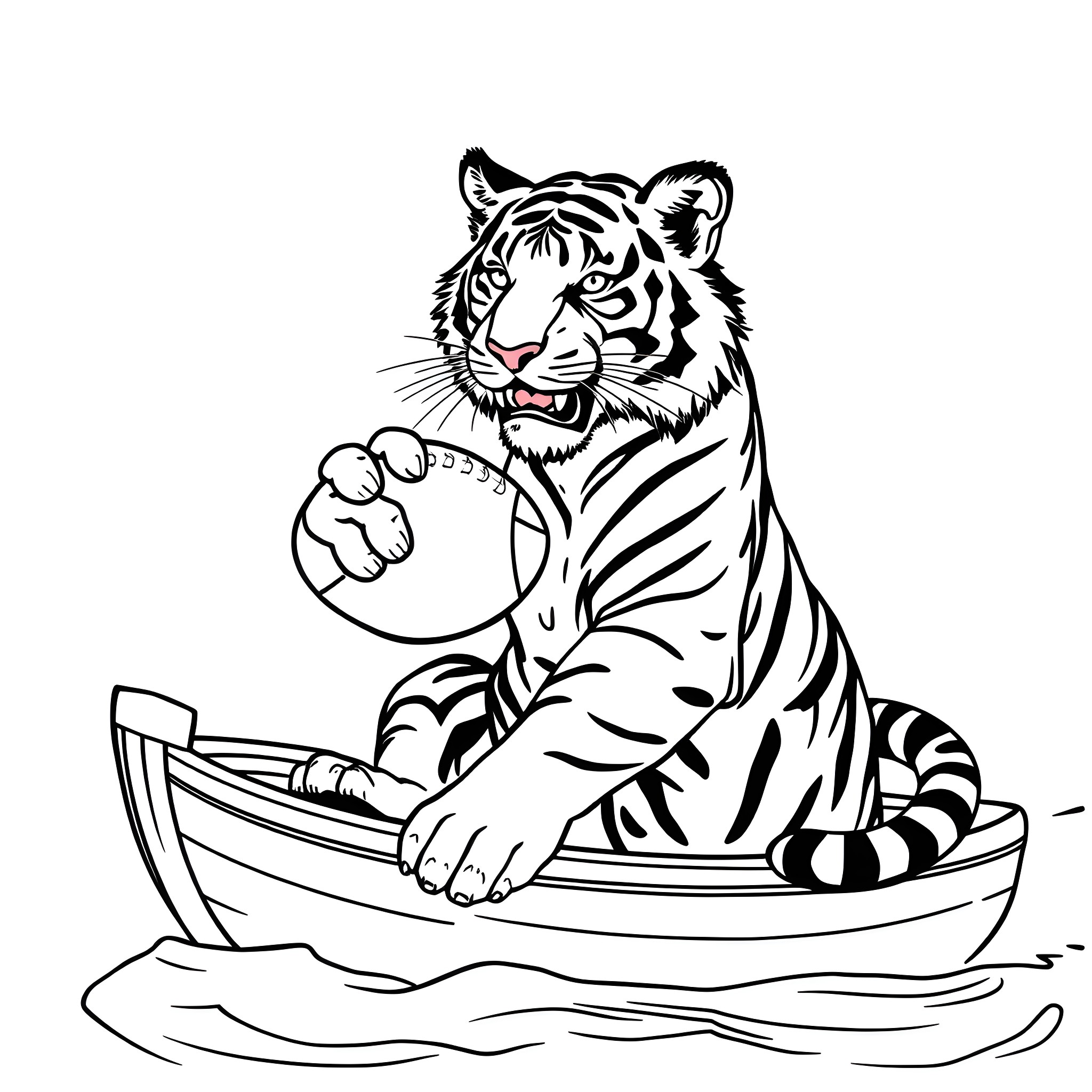 Bengal Tiger in a Boat Coloring Page (free black-and-white line drawing printable PDF for all, from beginners to advanced learners, including children, teens, adults, and seniors)