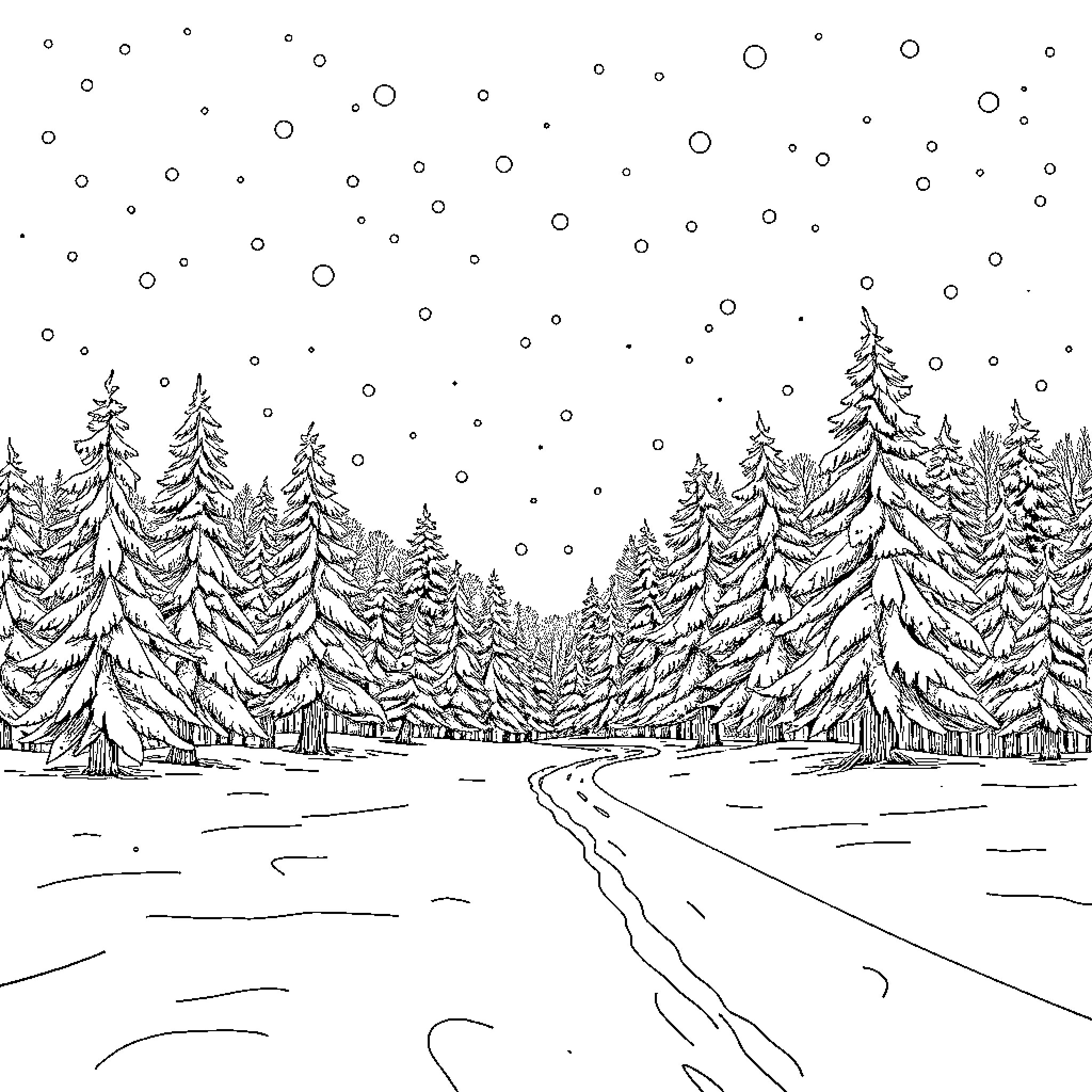 Winter Wonderland: Snowy Landscape with Frozen Lake and Fir Trees Coloring Page (free black-and-white line drawing printable PDF for all, from beginners to advanced learners, including children, teens, adults, and seniors)