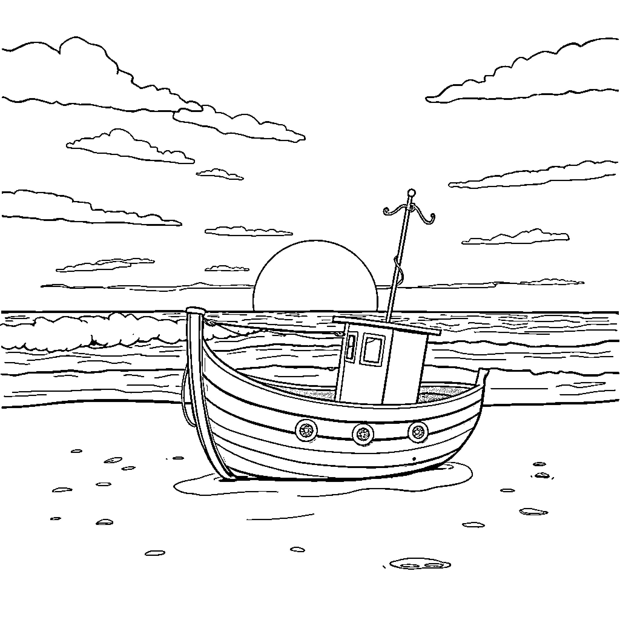 Vessel on the Sea at Sunset Coloring Page (free black-and-white line drawing printable PDF for all, from beginners to advanced learners, including children, teens, adults, and seniors)