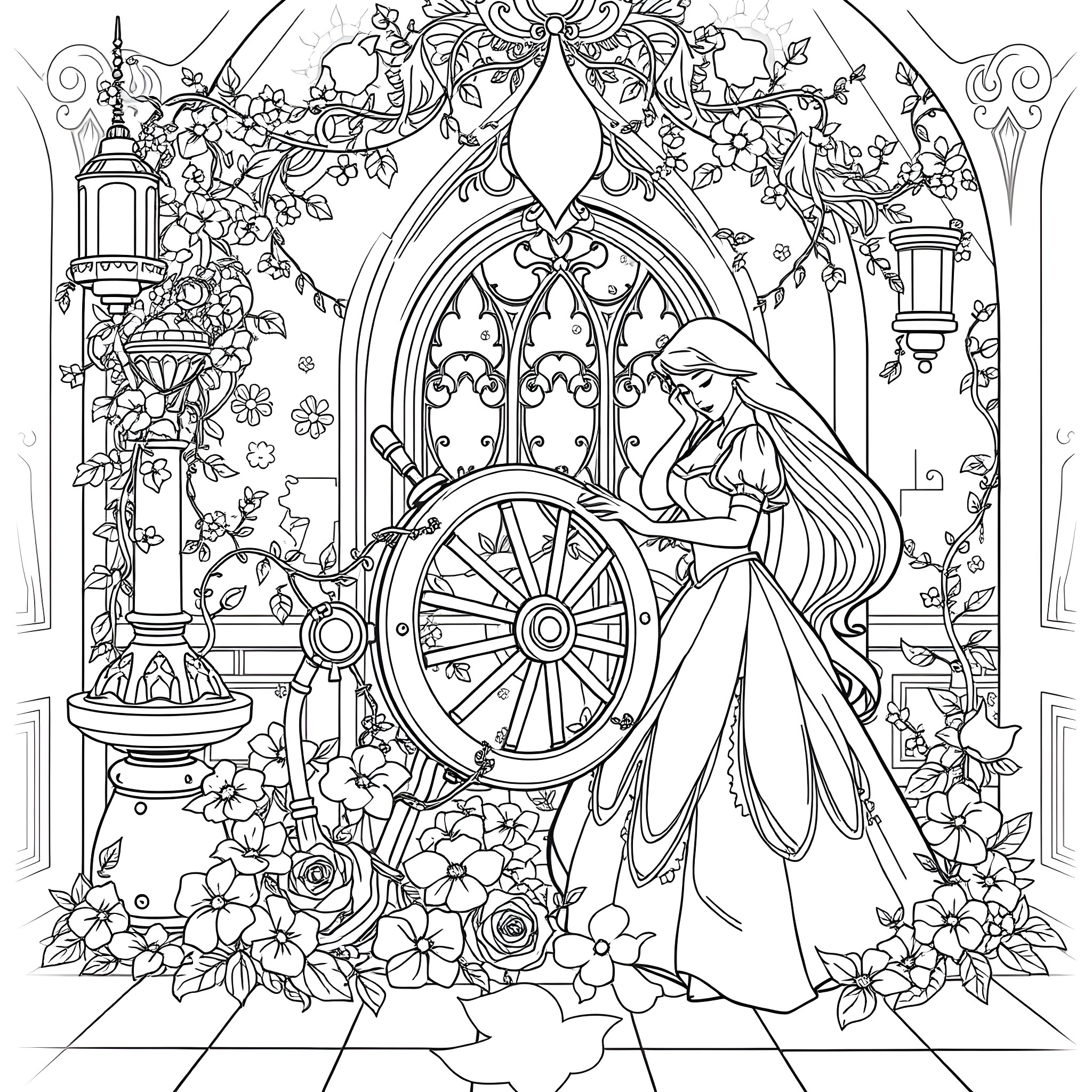 Sleeping Beauty in a Whimsical Floral Wonderland Coloring Page (free black-and-white line drawing printable PDF for all, from beginners to advanced learners, including children, teens, adults, and seniors)