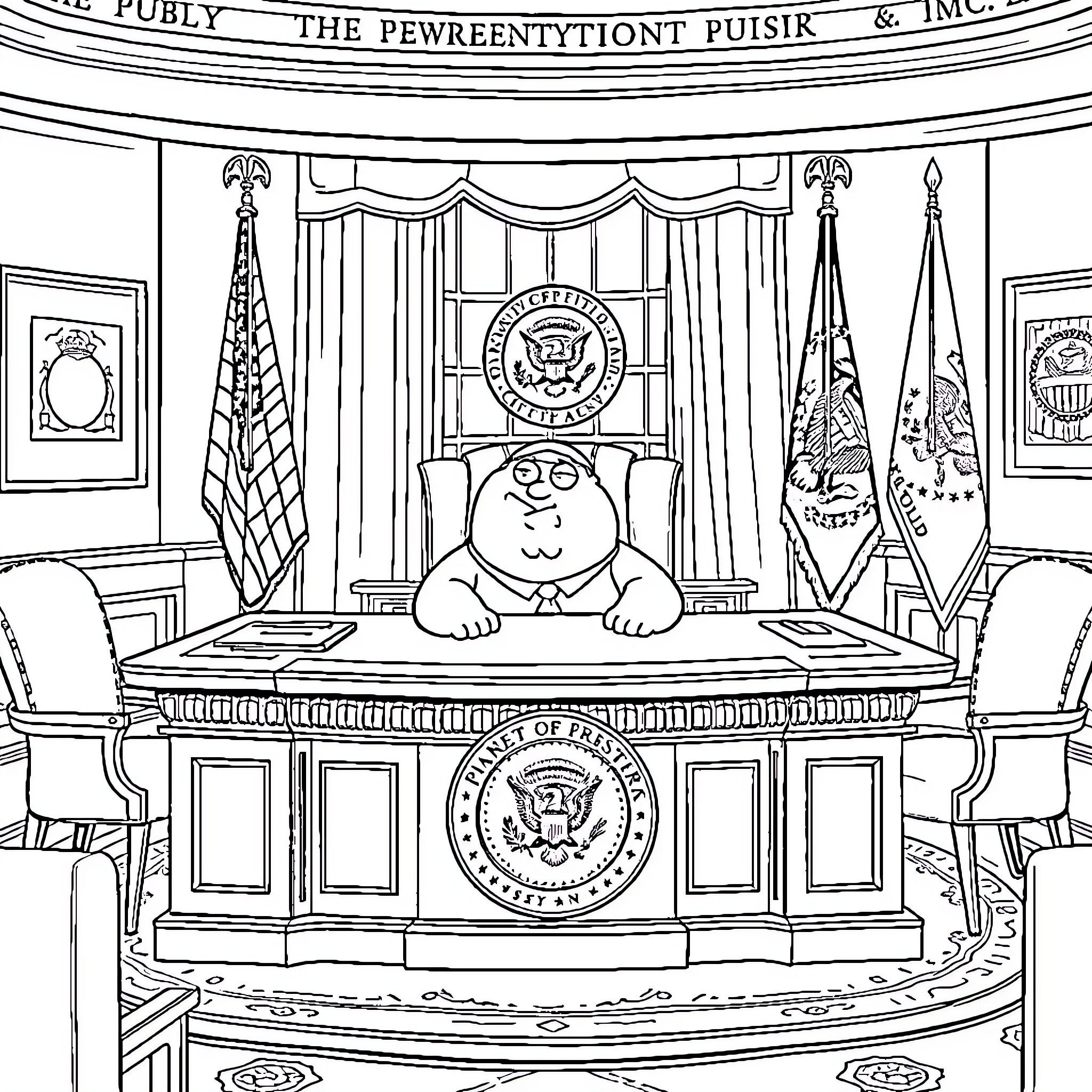 Peter Griffin in the Oval Office Coloring Page (free black-and-white line drawing printable PDF for all, from beginners to advanced learners, including children, teens, adults, and seniors)