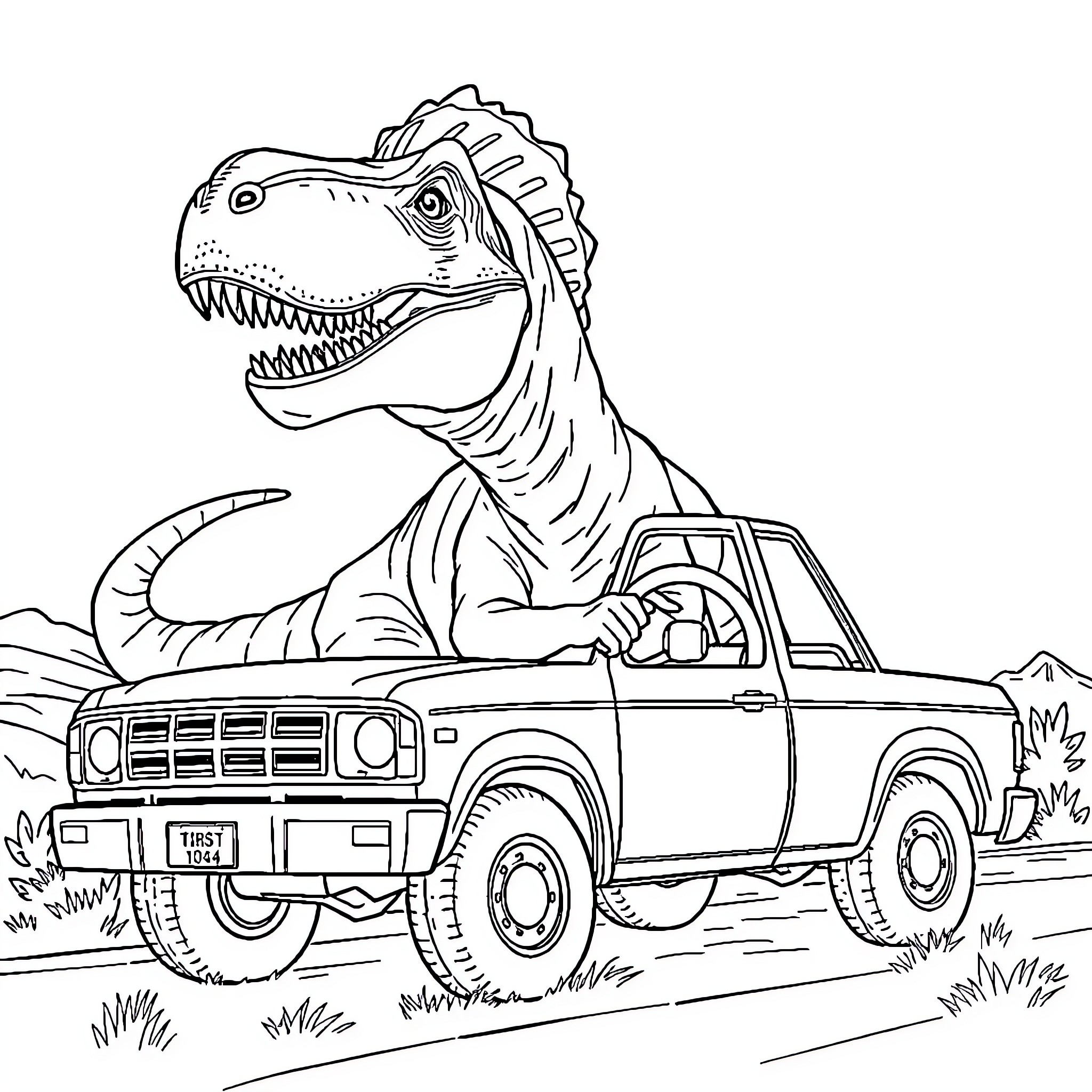 Tyrannosaurus riding a pickup truck in the wilderness Coloring Page (free black-and-white line drawing printable PDF for all, from beginners to advanced learners, including children, teens, adults, and seniors)